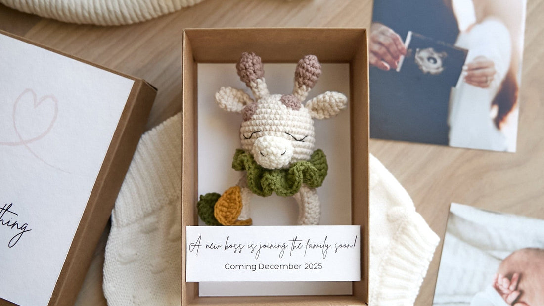 Pregnancy announcement box with crochet toy and personalized card
