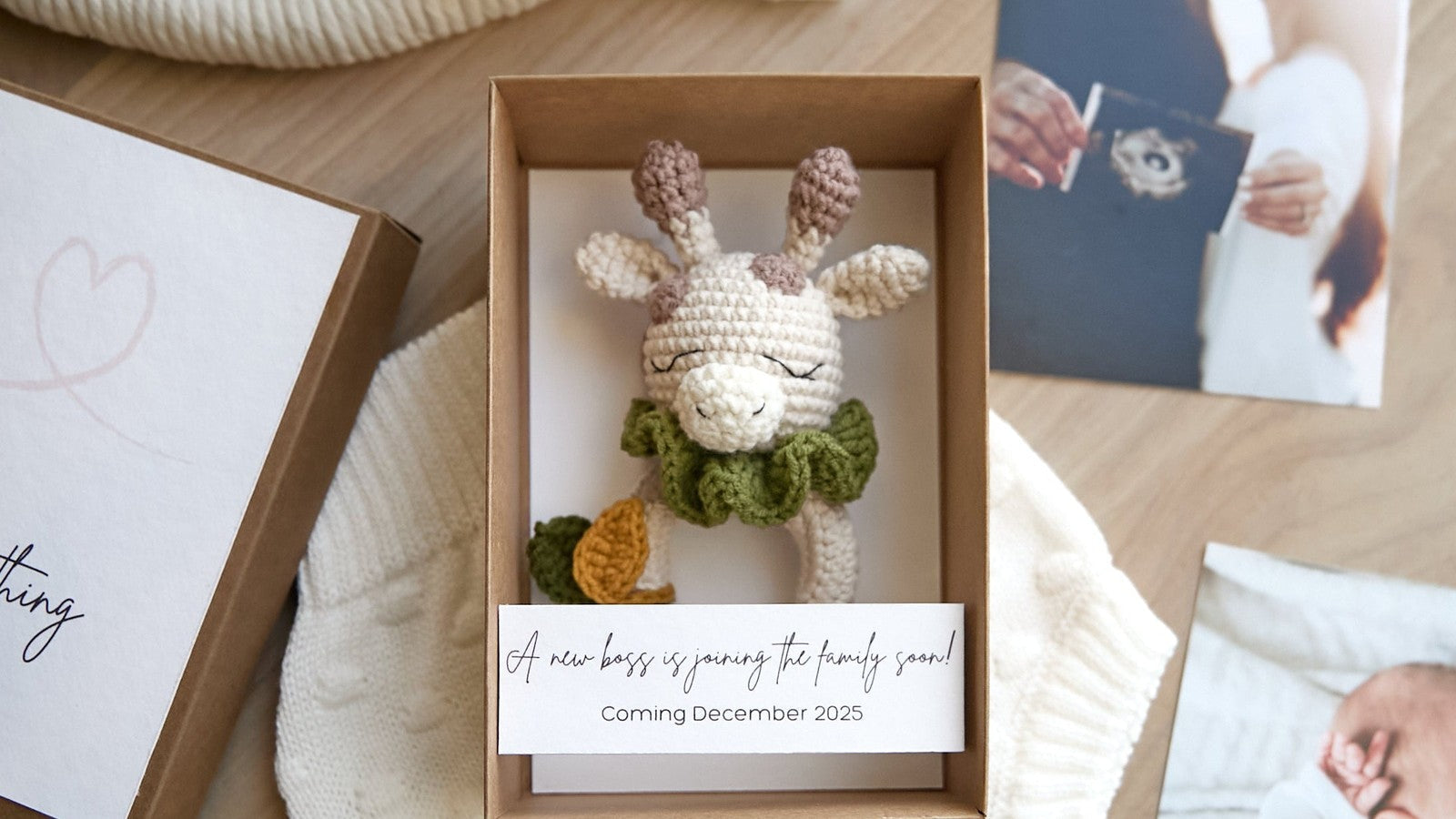 Pregnancy announcement box with crochet toy and personalized card