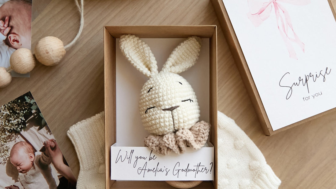 Godparent proposal box with handmade toy and Will you be my godmother card