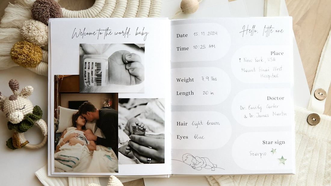Pregnancy journal open with space for bump photos and ultrasound pictures