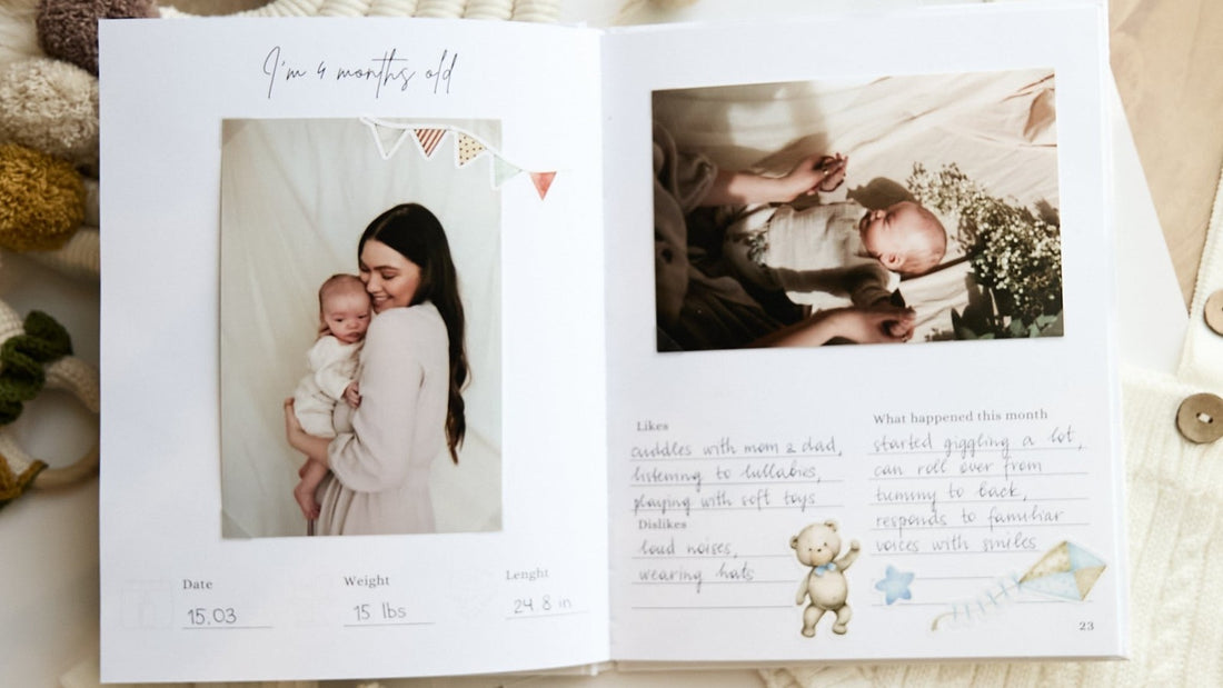 Baby memory book with envelope pockets for keepsake letters