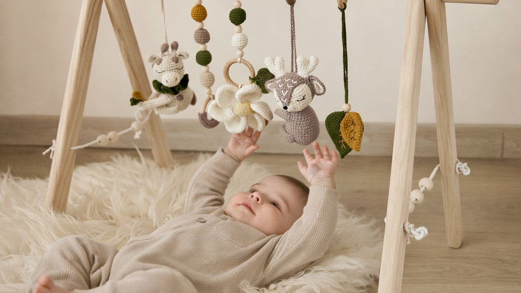 Handmade wooden baby play gym with crochet toys made in Ukraine