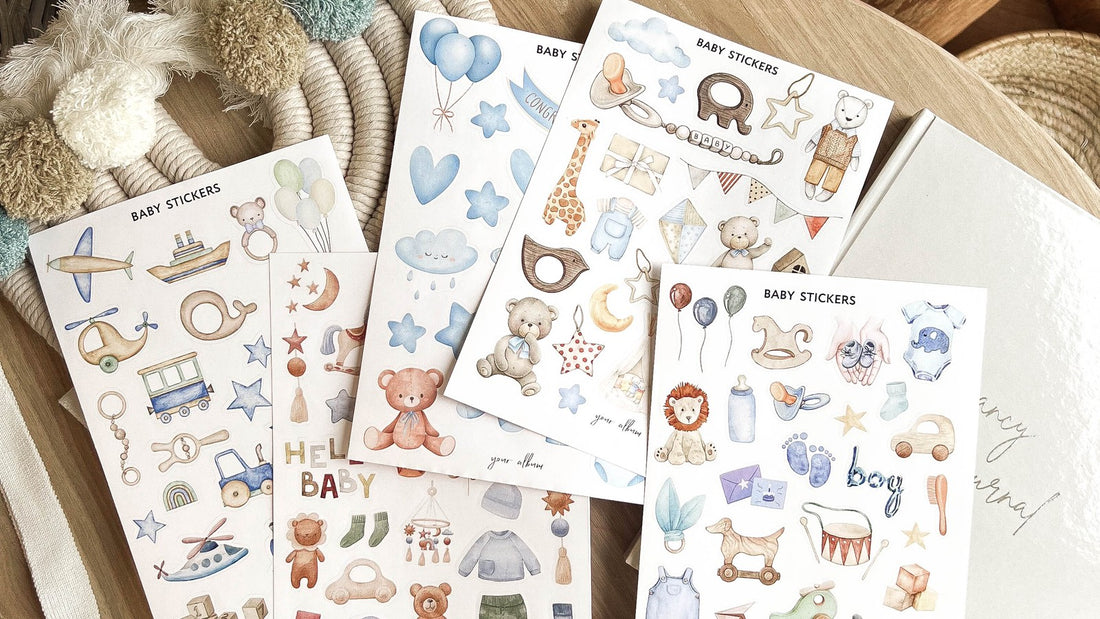Baby stickers scrapbook sheets with cute watercolor designs