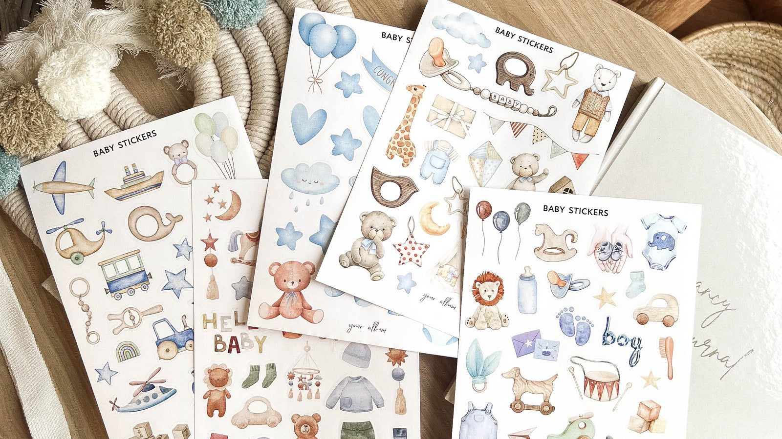 Baby stickers scrapbook sheets with cute watercolor designs