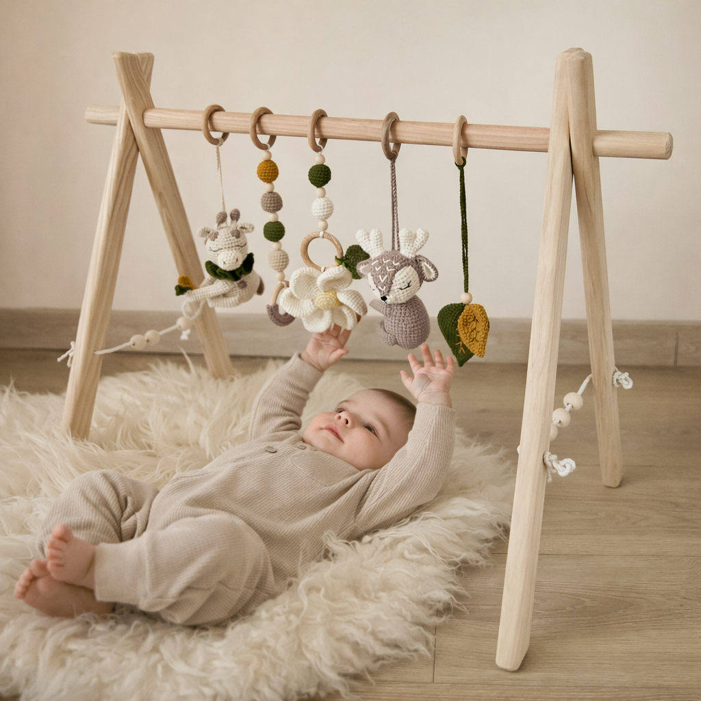 Wooden Baby Play Gym with hanging crochet toys