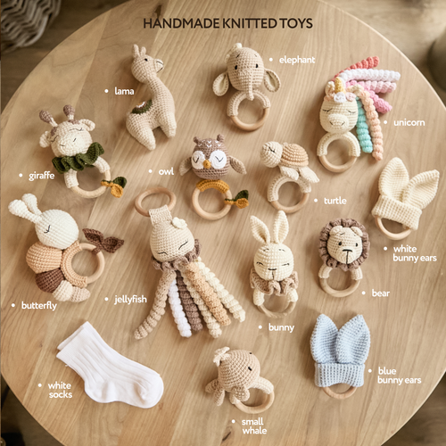 Handmade crochet baby rattles collection — 15 animal designs with wooden teething rings