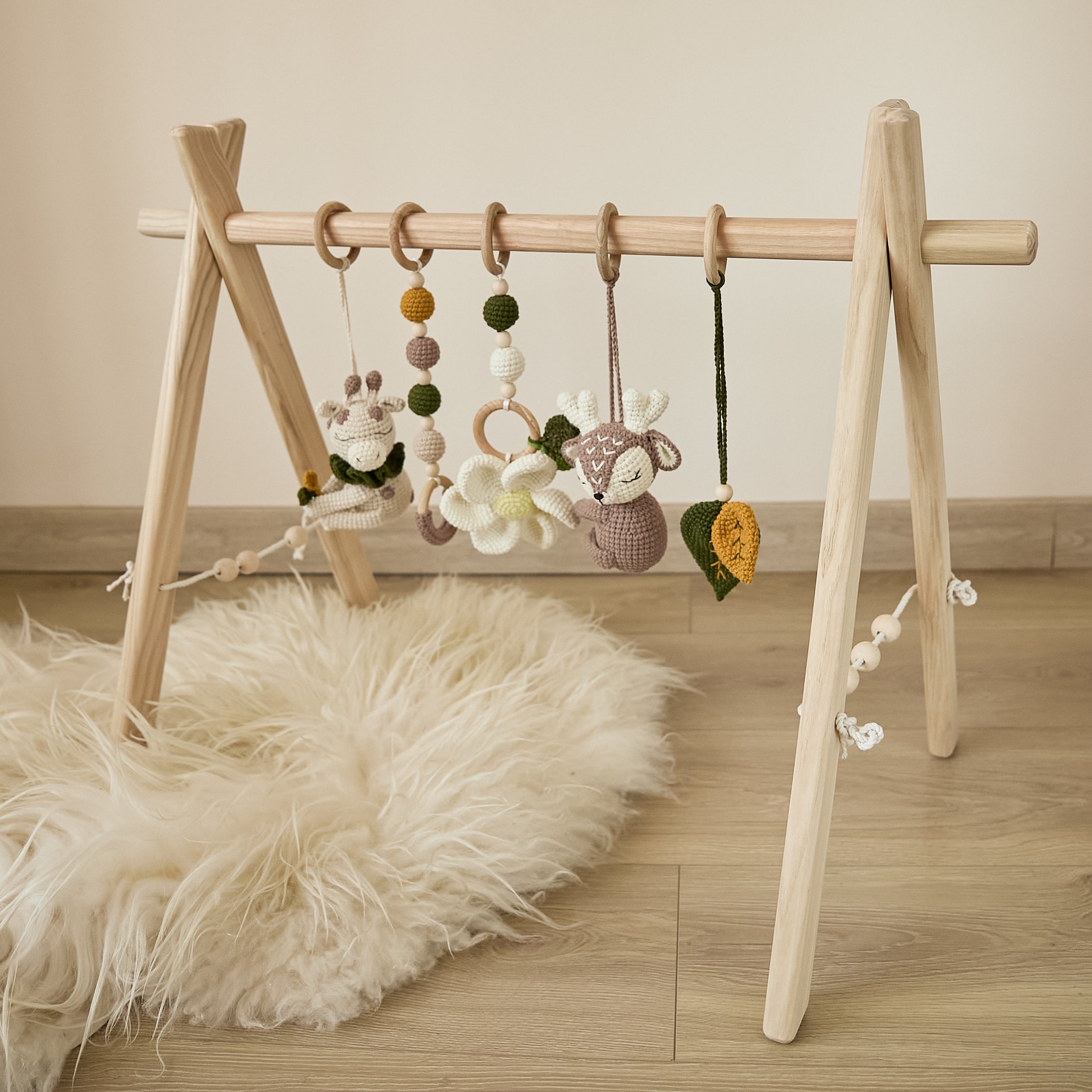 Wooden Baby Play Gym with hanging crochet toys