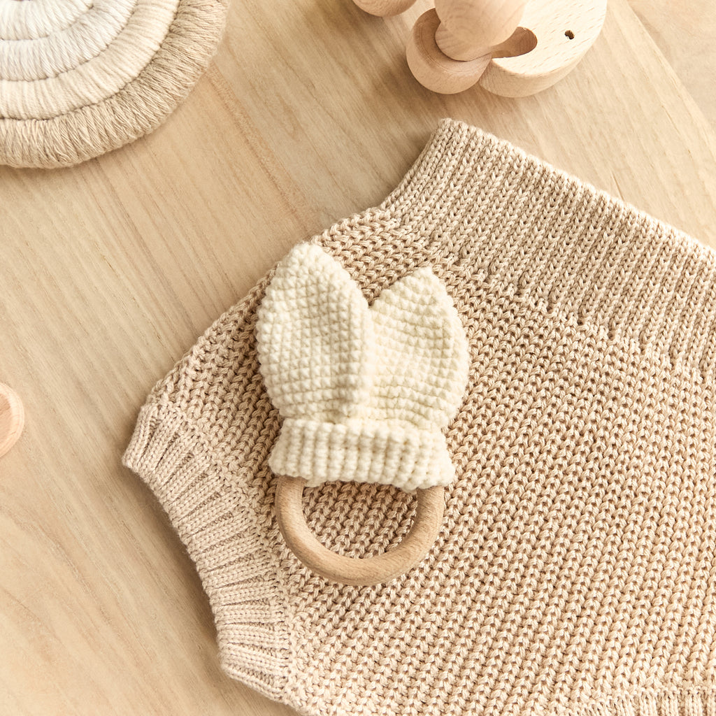 Crochet cream bunny ear teether with natural wooden teething ring