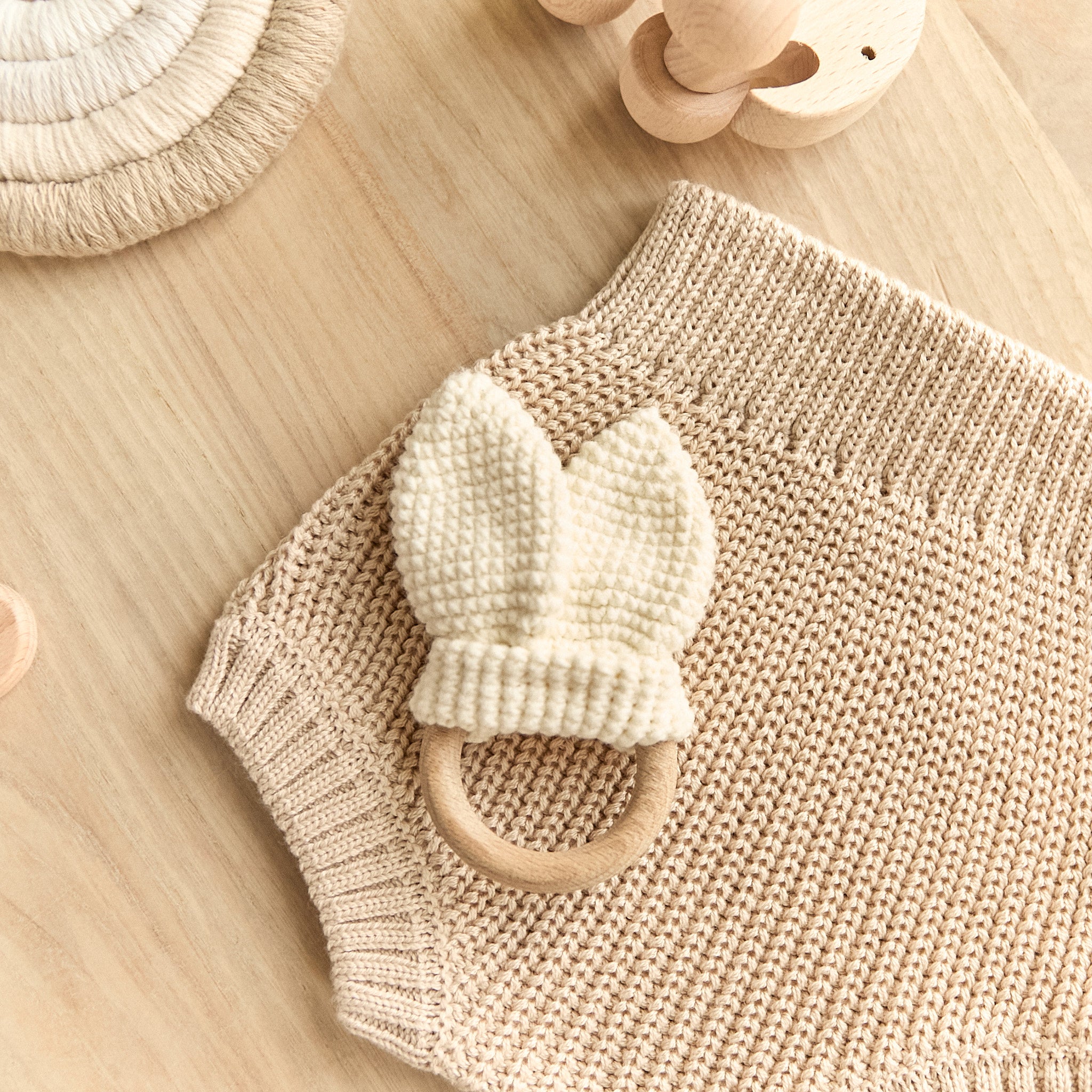 Crochet cream bunny ear teether with natural wooden teething ring