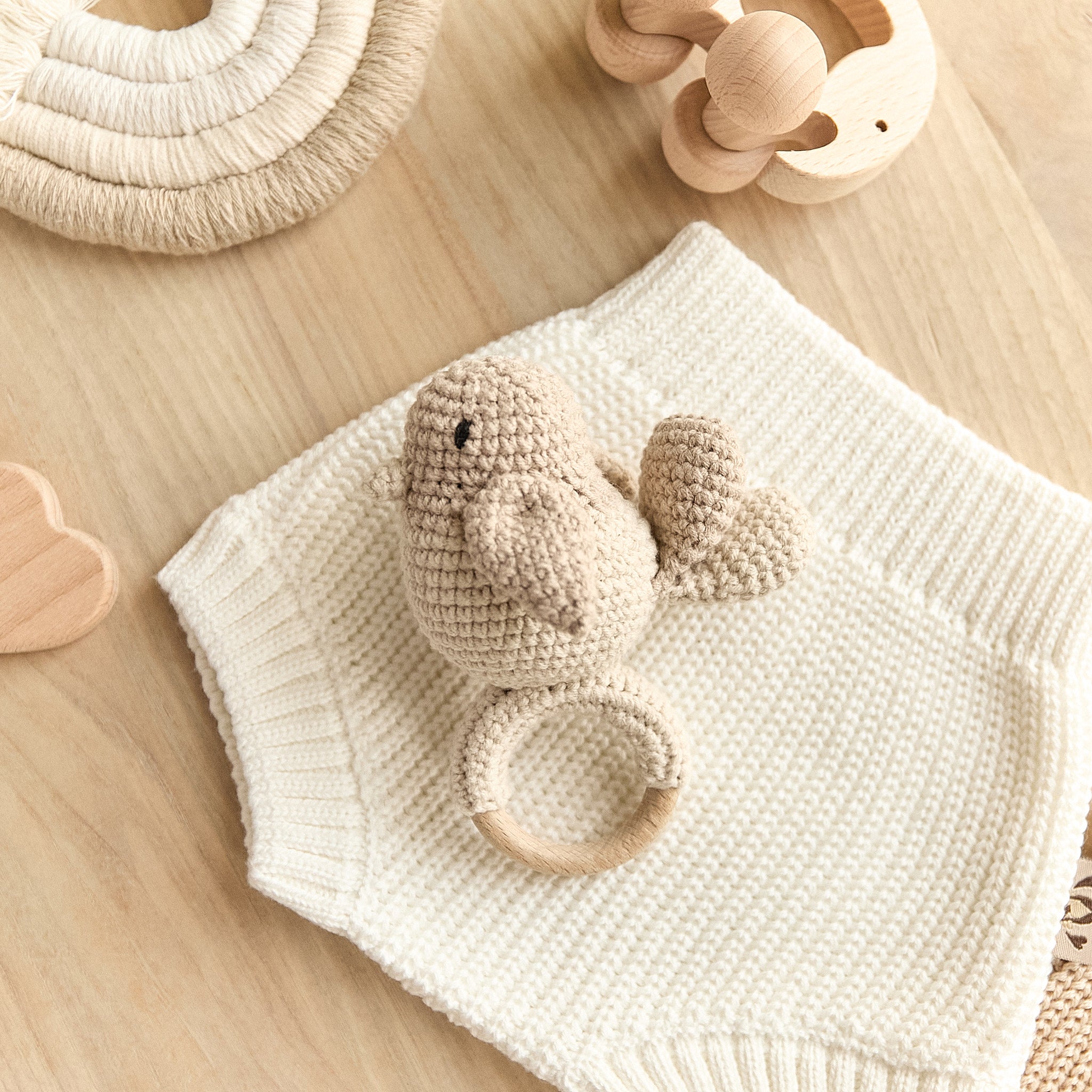 Handmade crochet bird baby rattle with natural wooden teething ring
