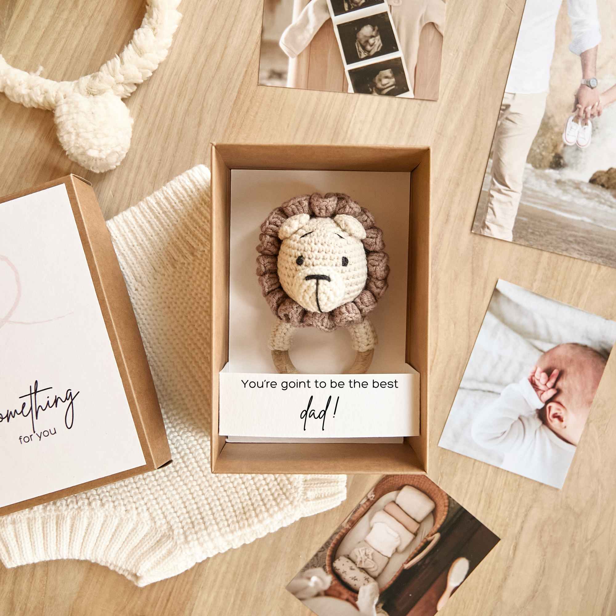 Baby announcement box with crochet teddy bear — personalized pregnancy reveal