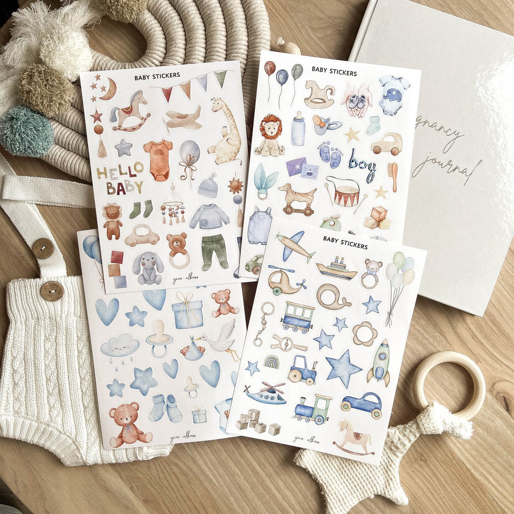 Baby book stickers applied on memory book page showing real usage example