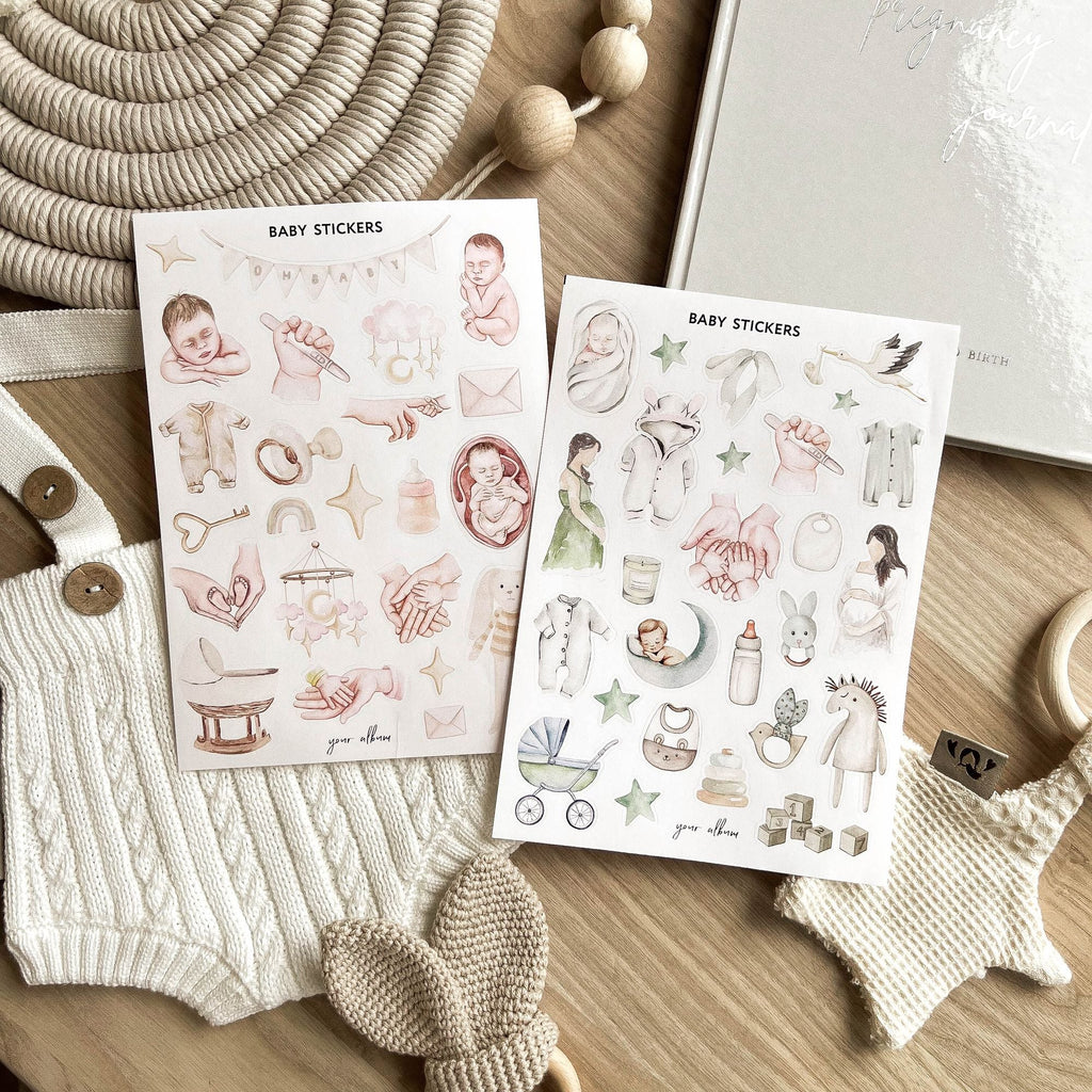 Baby book stickers detail showing holiday and seasonal themed illustration set