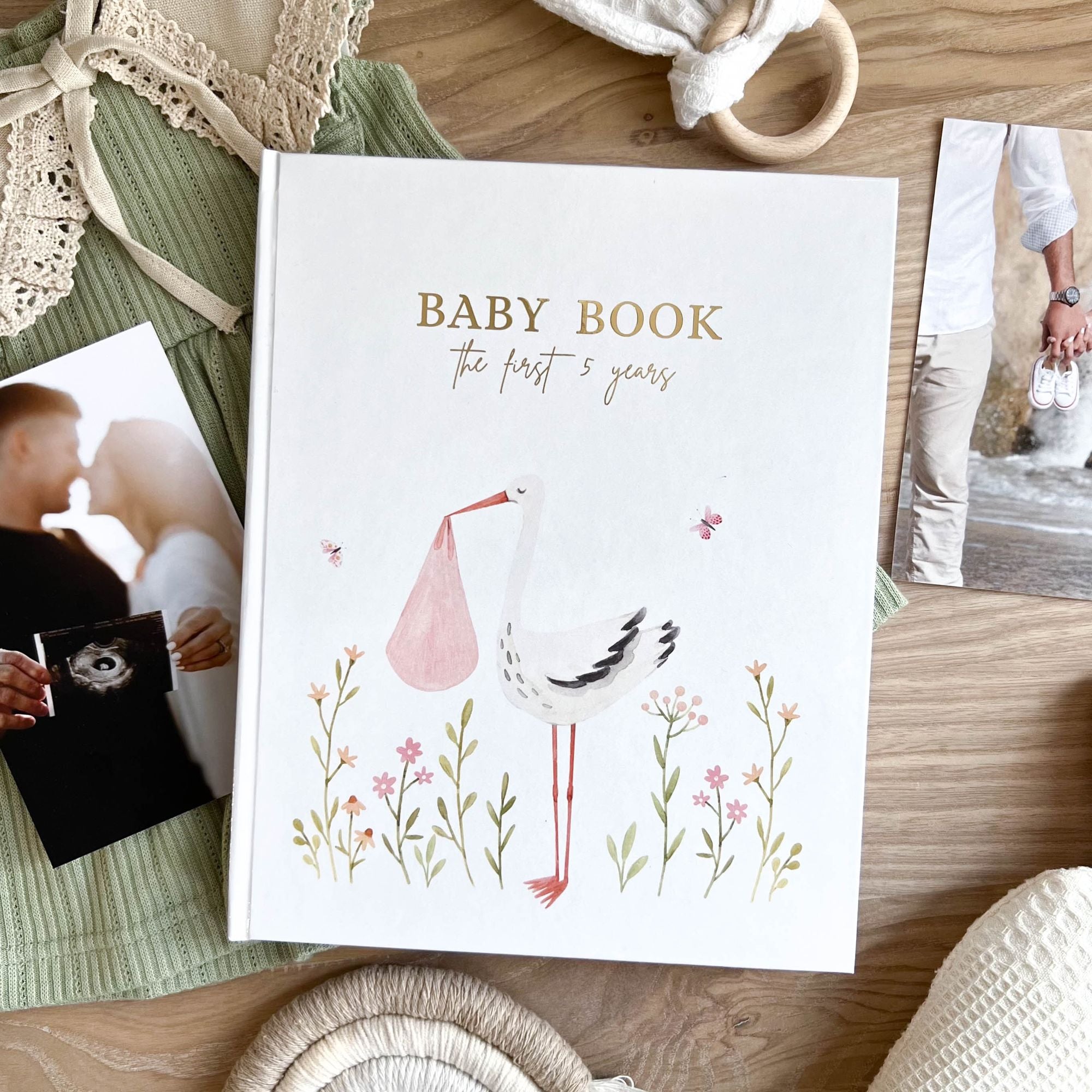 Baby memory book cover design with pink bird embroidery on linen fabric