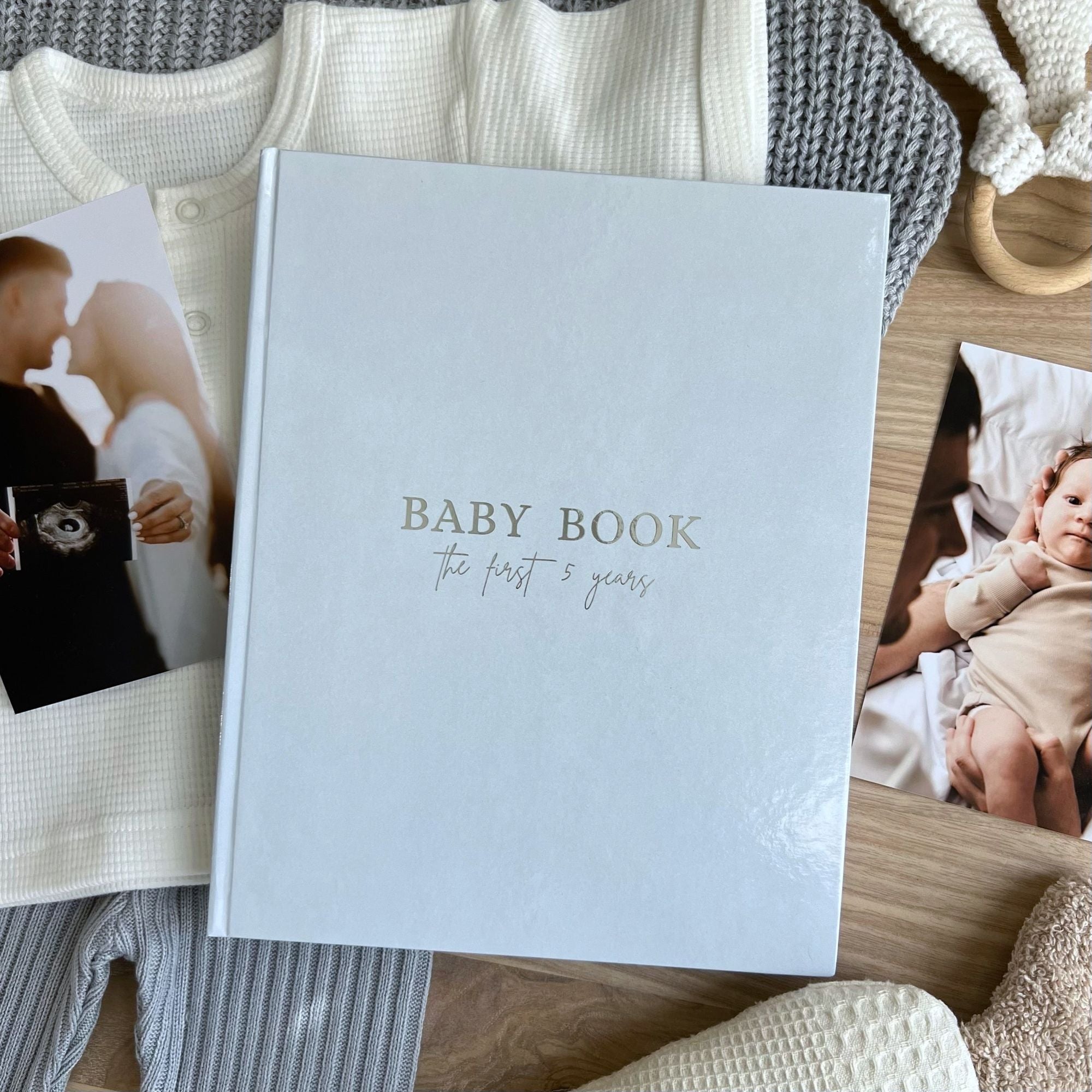Baby memory book cover variant in dusty blue linen for baby boy keepsake