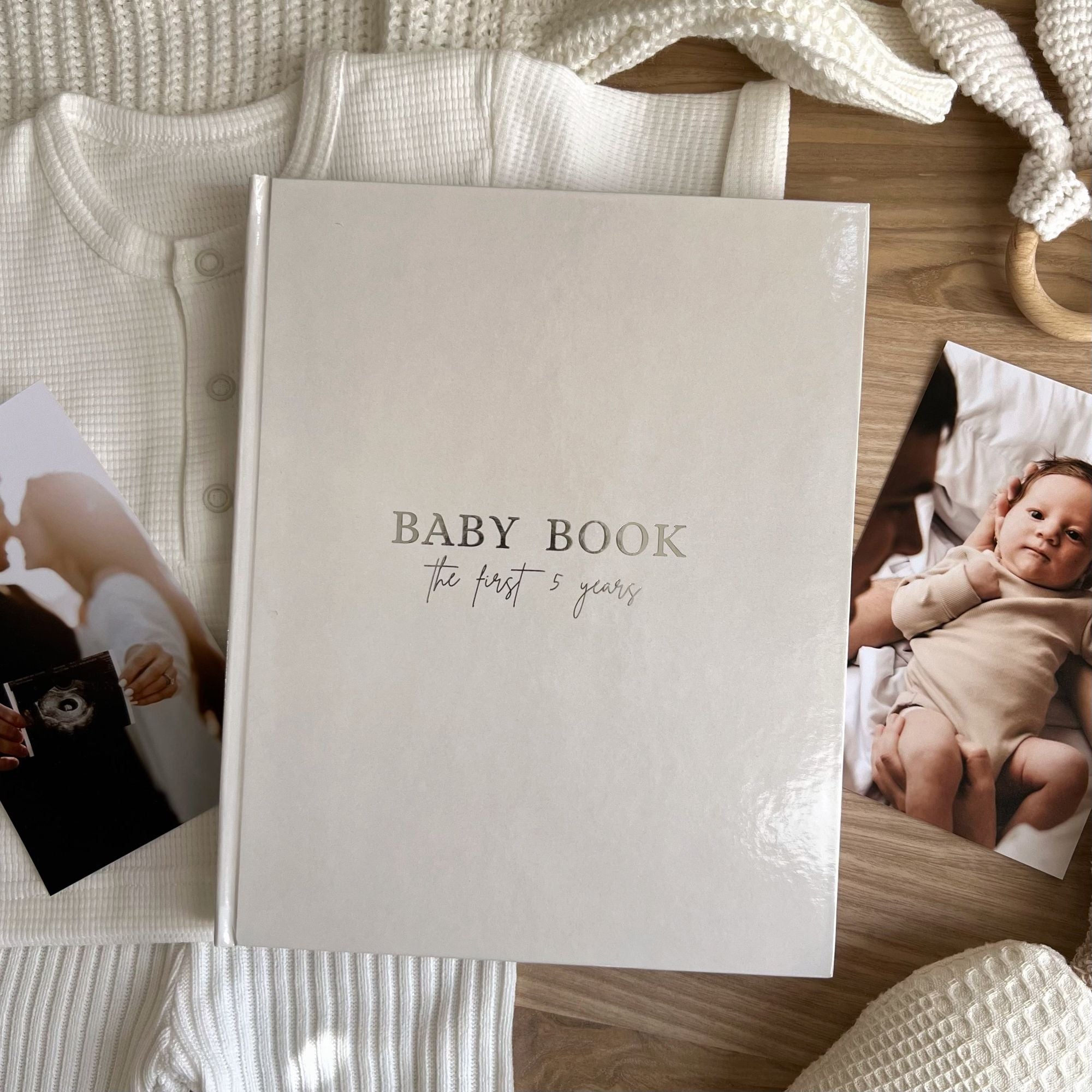 Baby memory book cover variant in neutral beige linen — gender neutral option