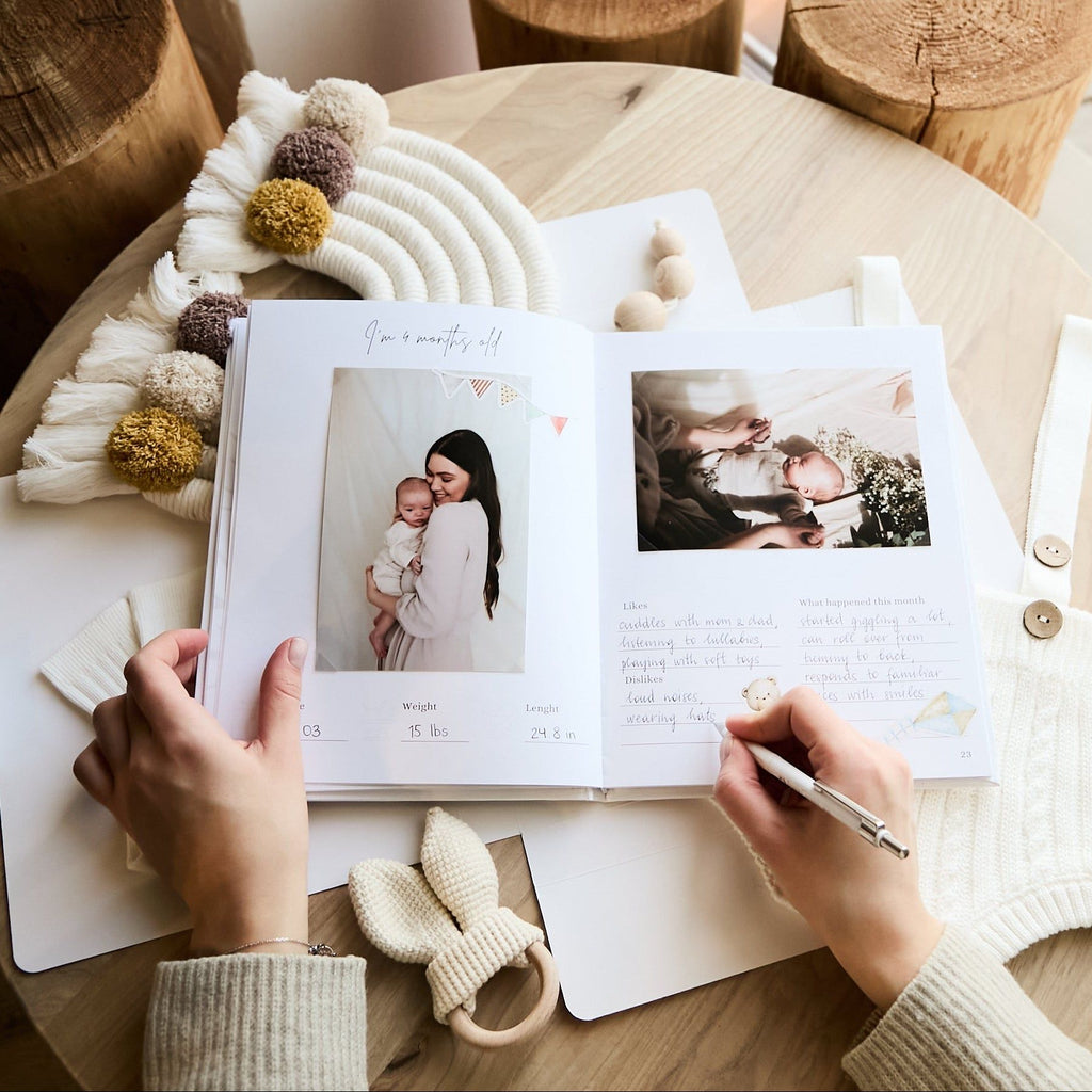 Baby memory book displayed in linen gift box — perfect baby shower present