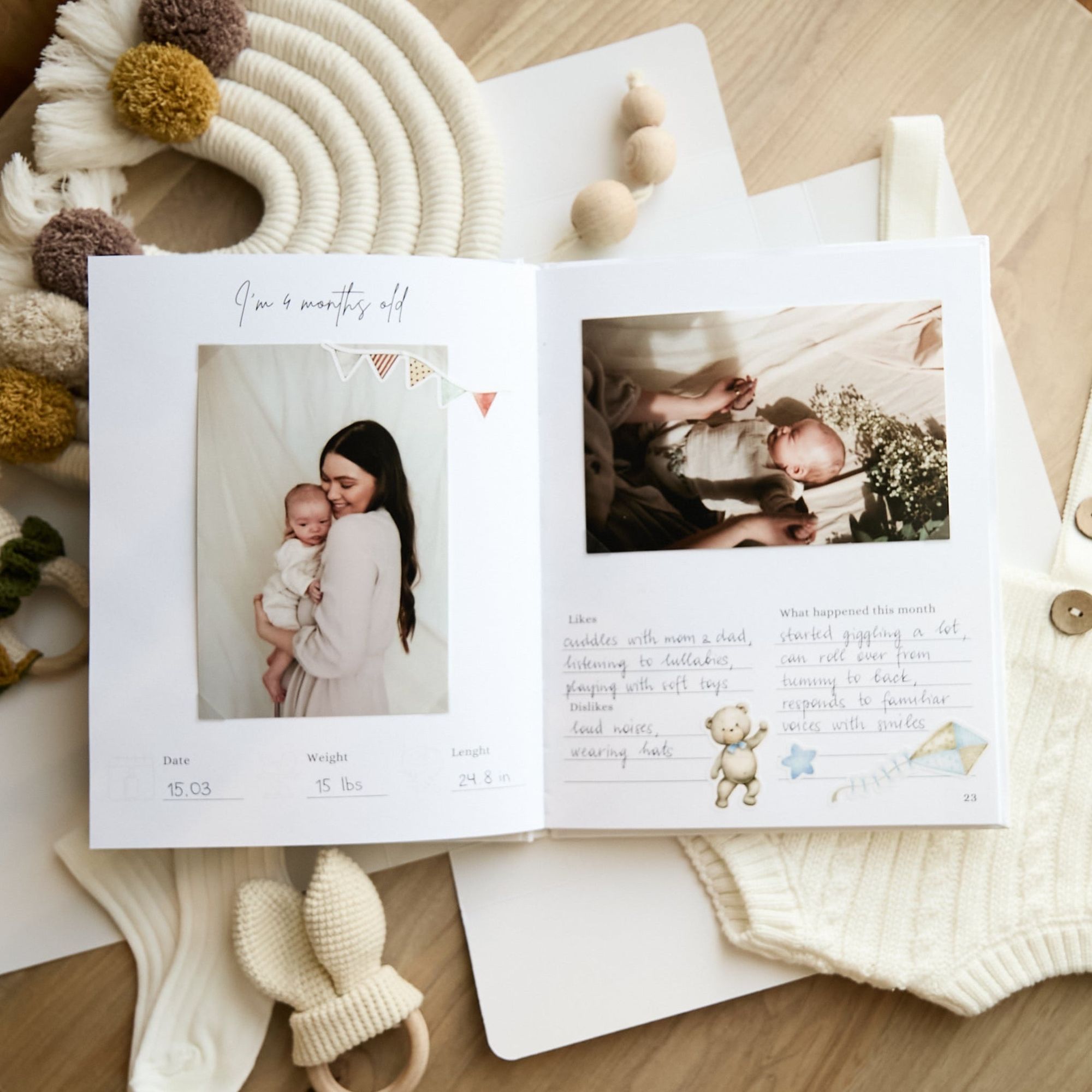 Baby memory book interior spread with family tree and birth details pages