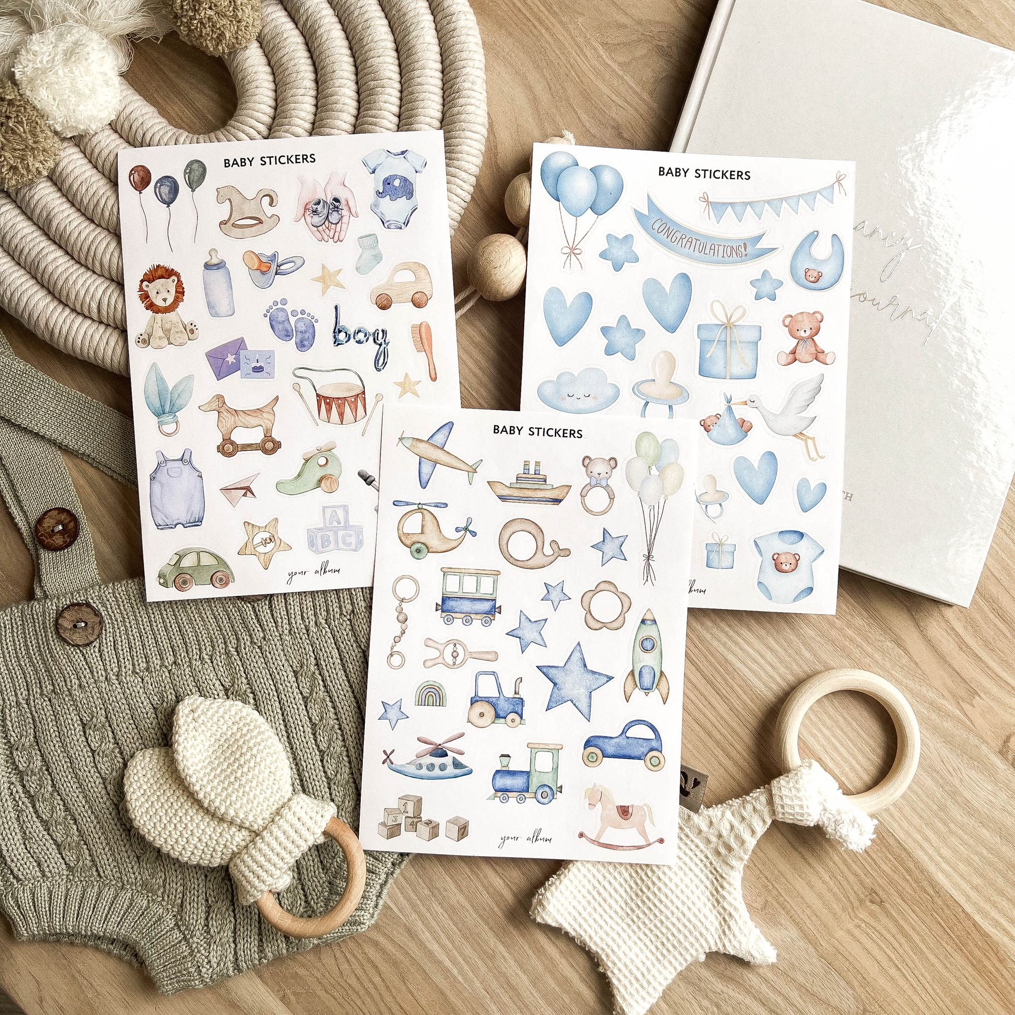 Baby milestone stickers close-up with first year event labels and icons