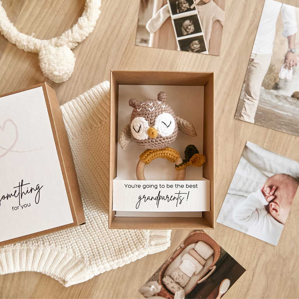Baby reveal surprise box with crochet owl toy — grandparents announcement gift