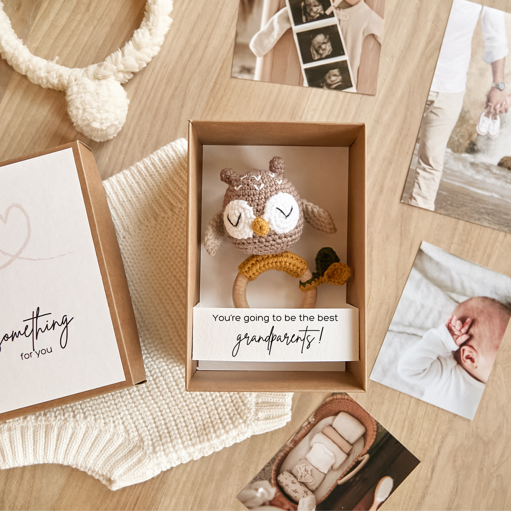 Baby reveal surprise box with crochet owl toy — grandparents announcement gift