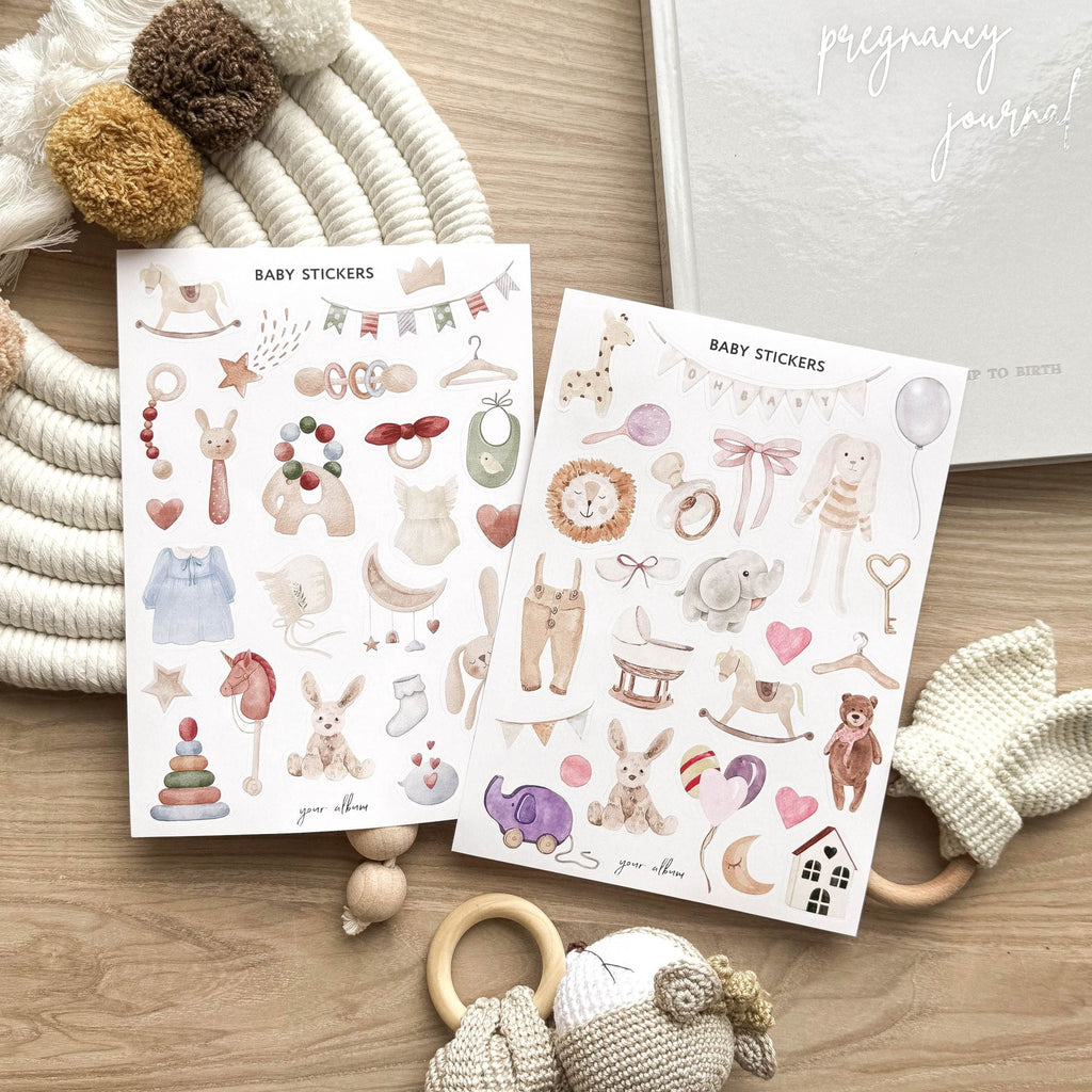 Baby scrapbook sticker sheet with decorative borders and corner accent designs