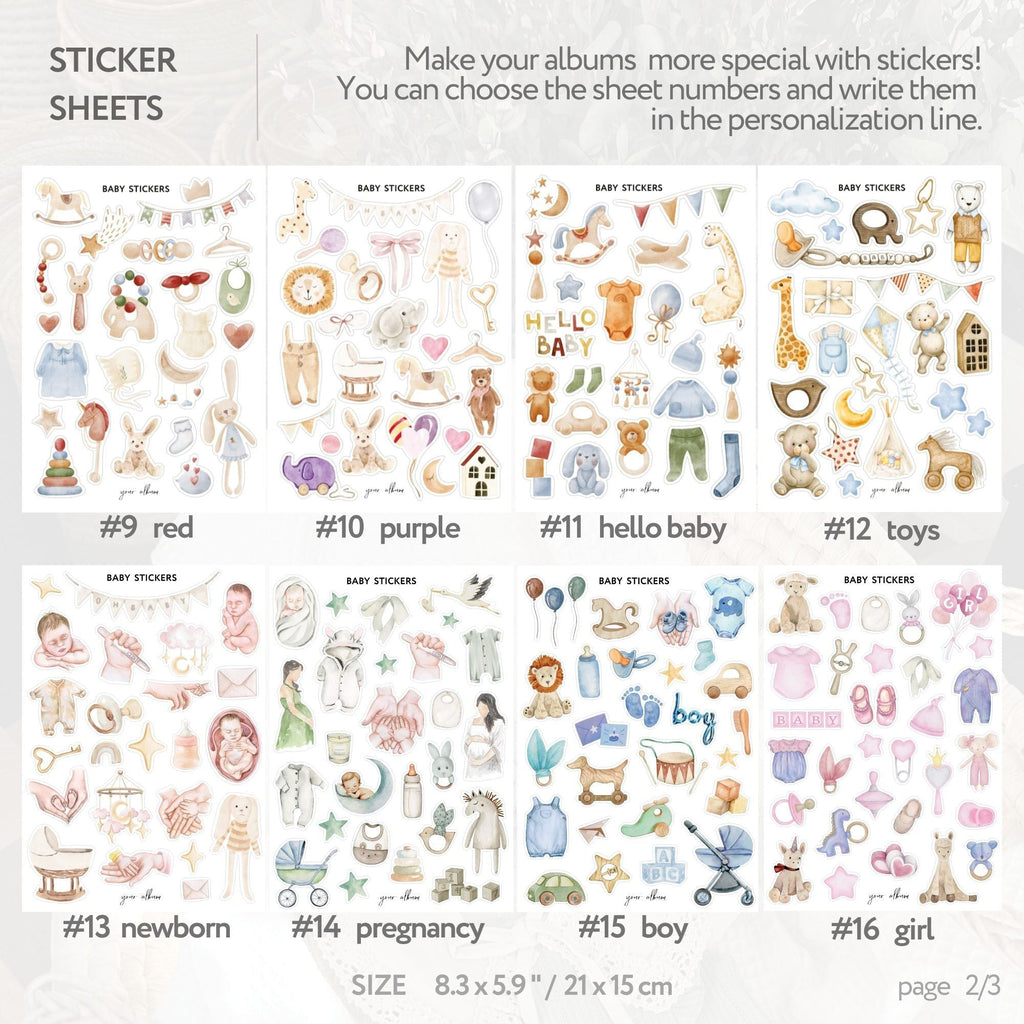Baby shower stickers collection showing monthly milestone and seasonal designs