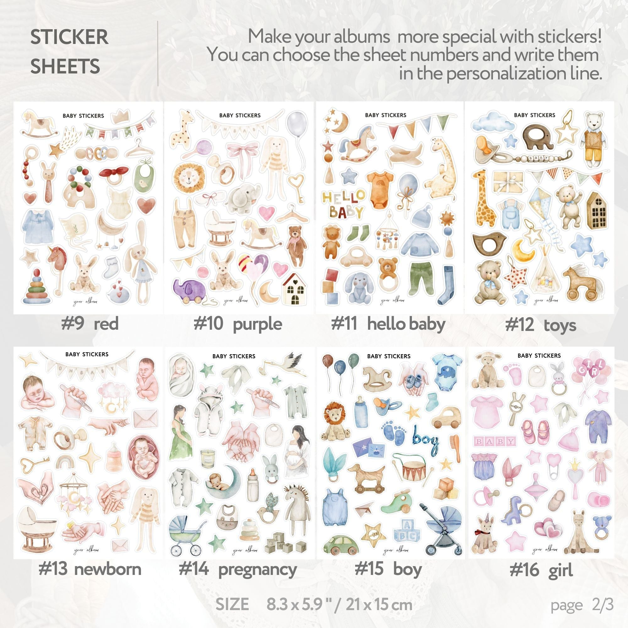 Baby shower stickers collection showing monthly milestone and seasonal designs