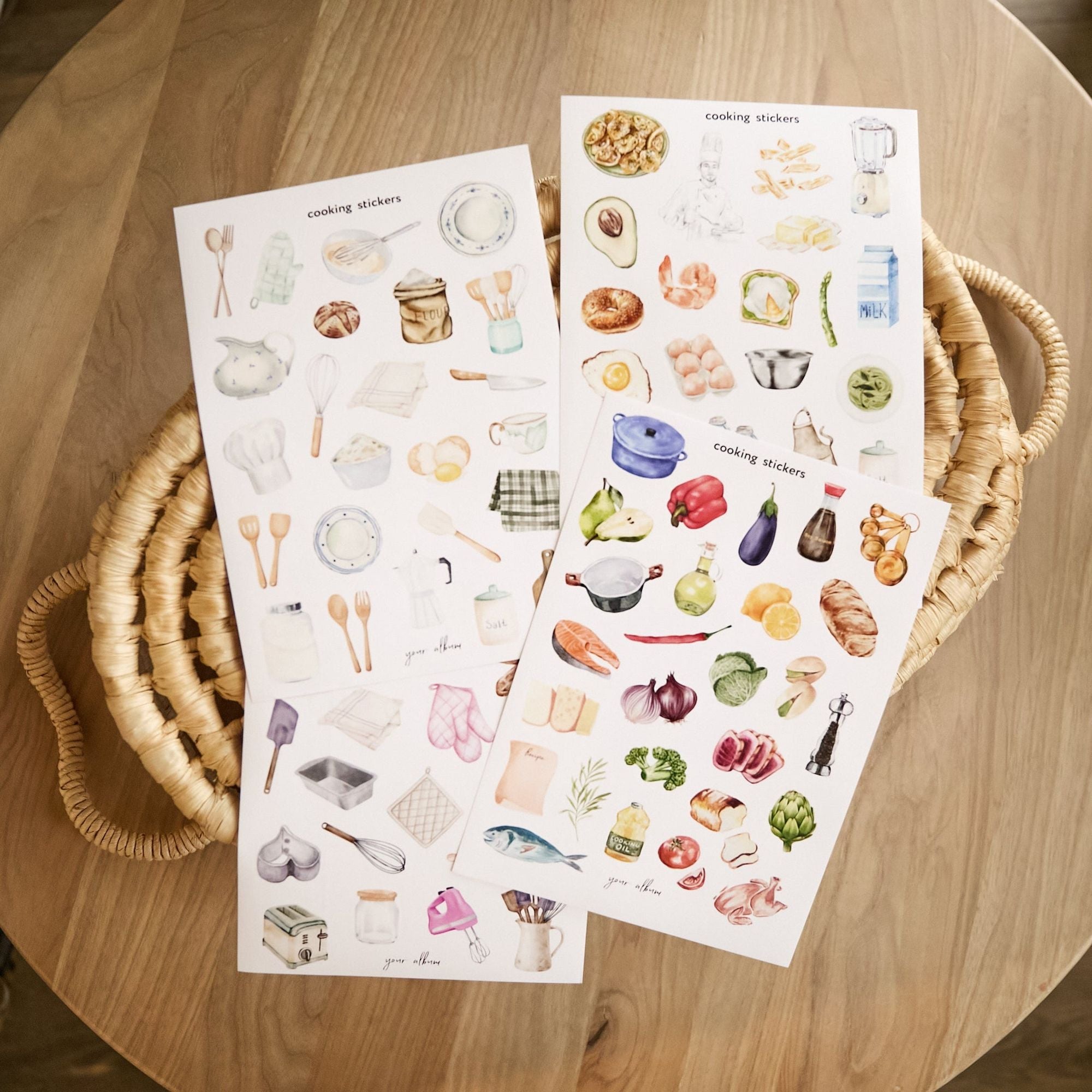 Baking stickers styled on wooden cutting board with kitchen props flat lay