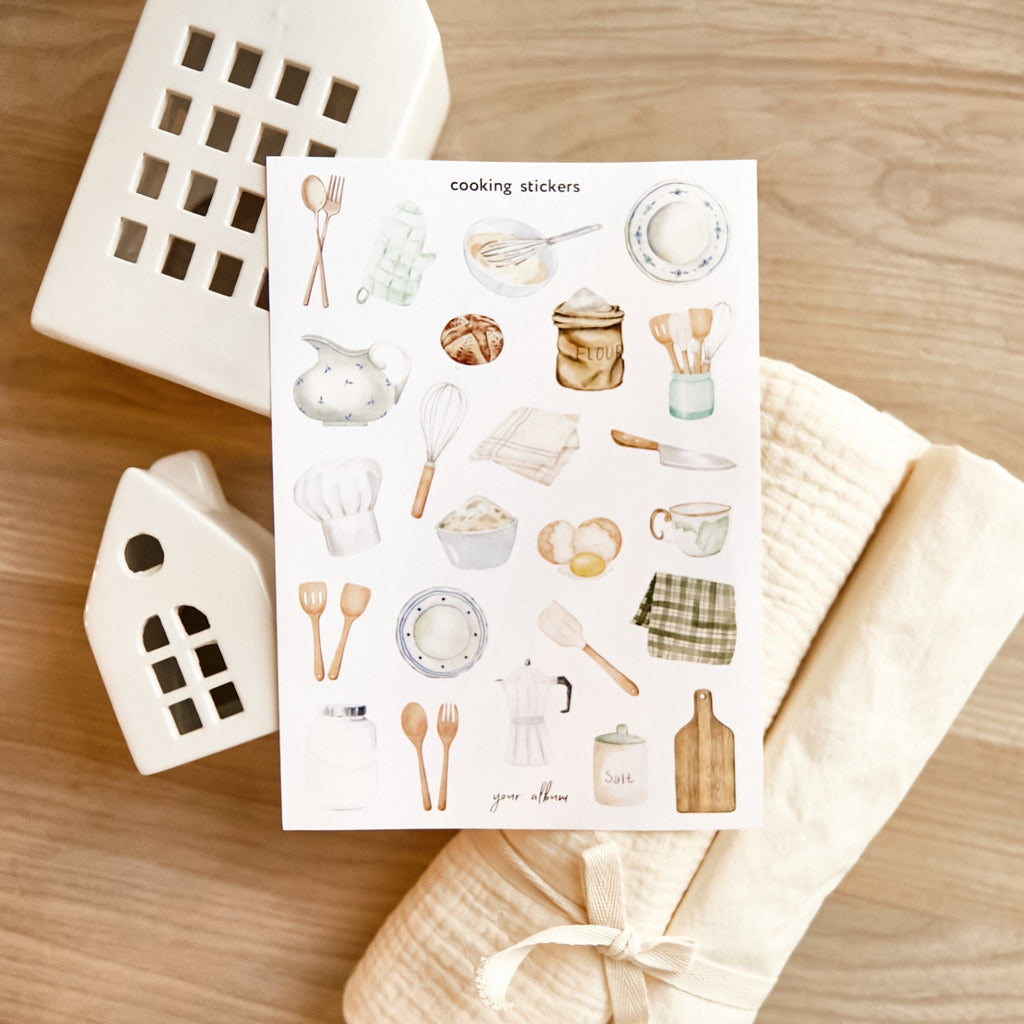 Close-up of food stickers with hand-drawn baking and cooking illustrations