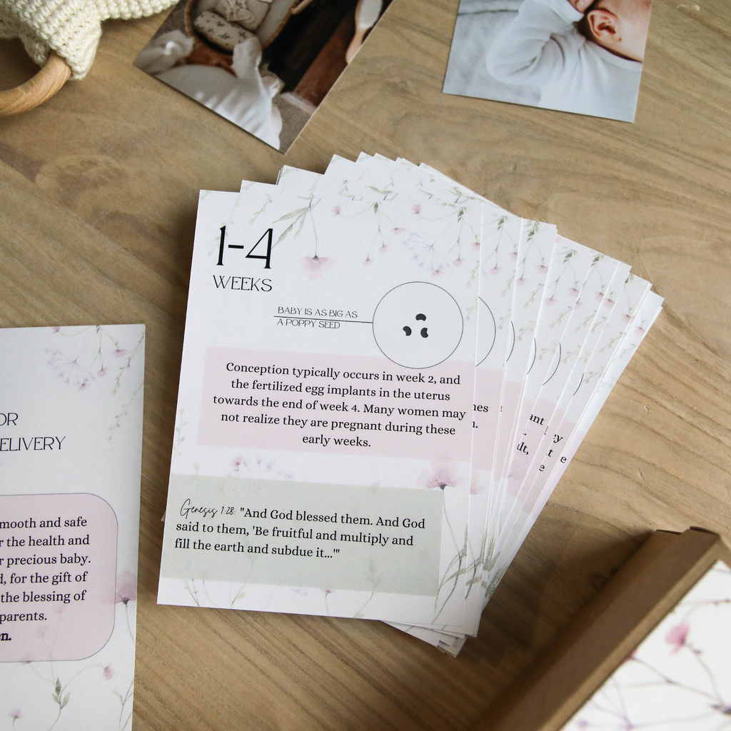Close-up of pregnancy devotional card with watercolor illustration and bible verse