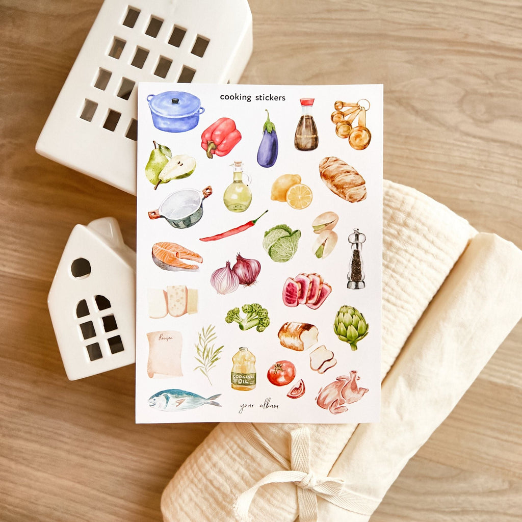 Cookbook stickers detail showing spice jar labels and measurement graphics