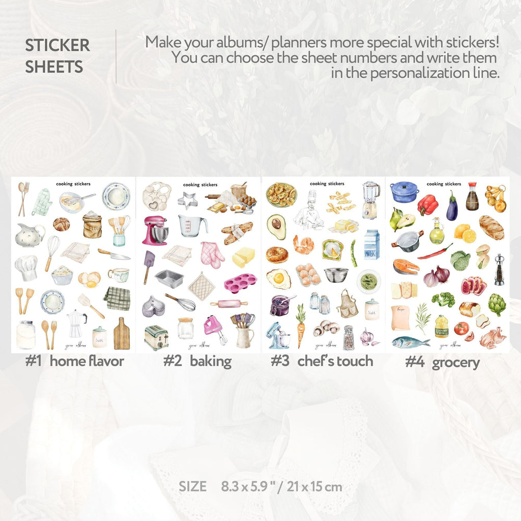 Cooking stickers product features infographic showing all included sheet designs
