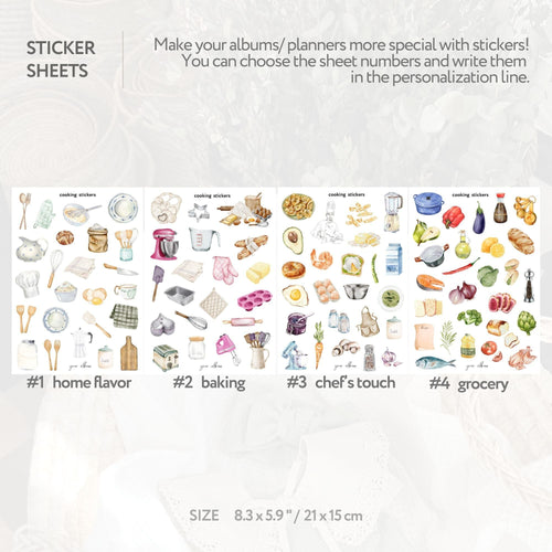 Cooking stickers product features infographic showing all included sheet designs