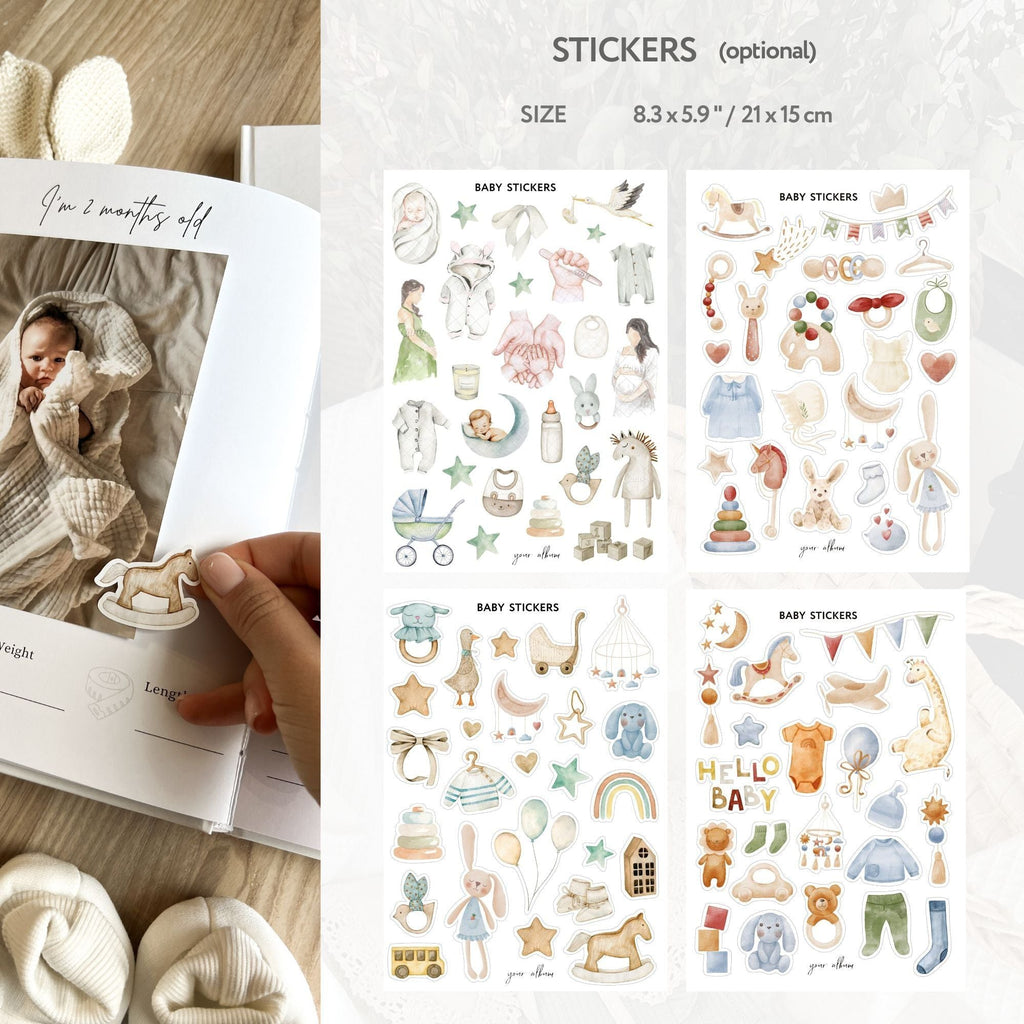 Decorative sticker set included with baby memory book for scrapbook page accents