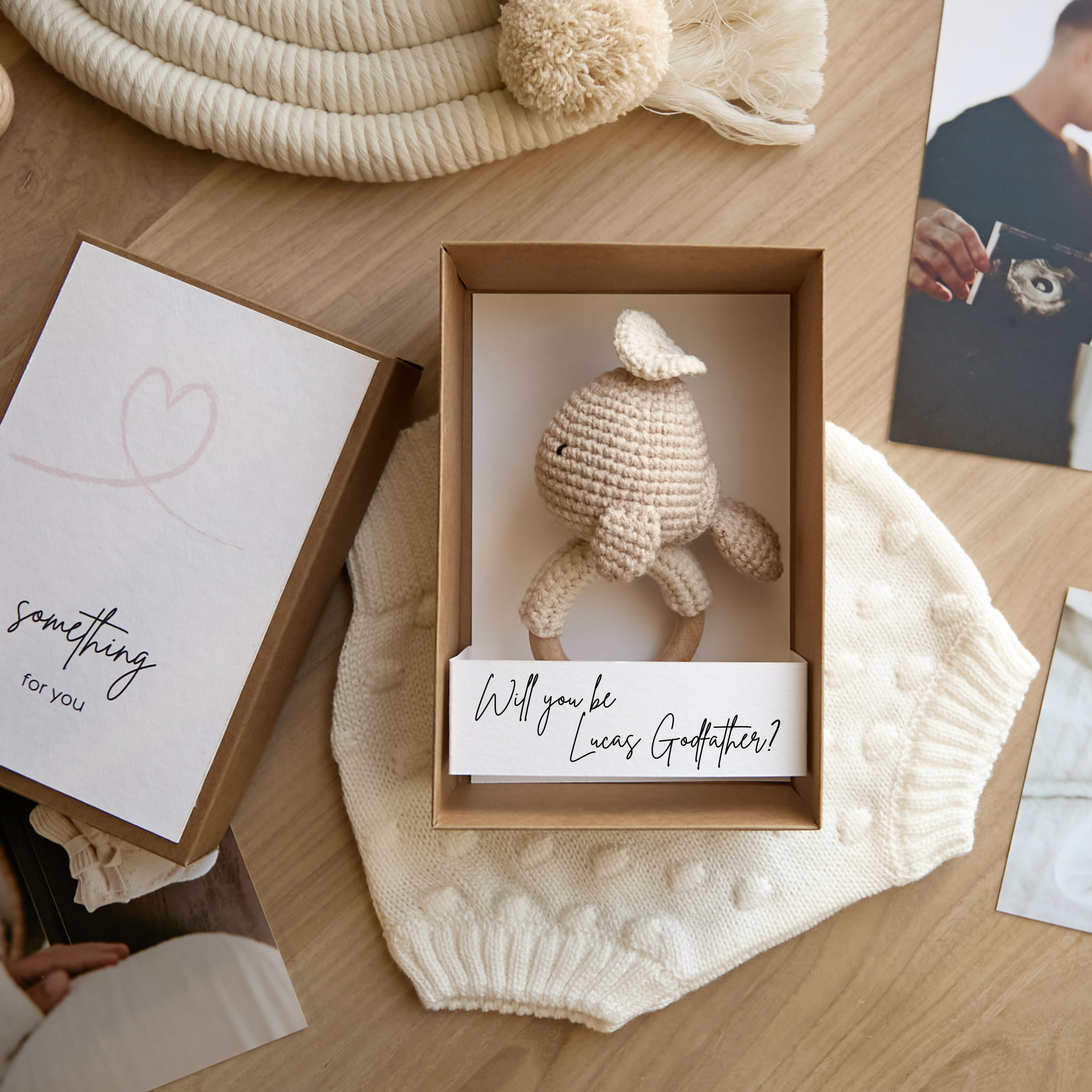 Godfather proposal gift box featuring crochet whale toy — baptism keepsake