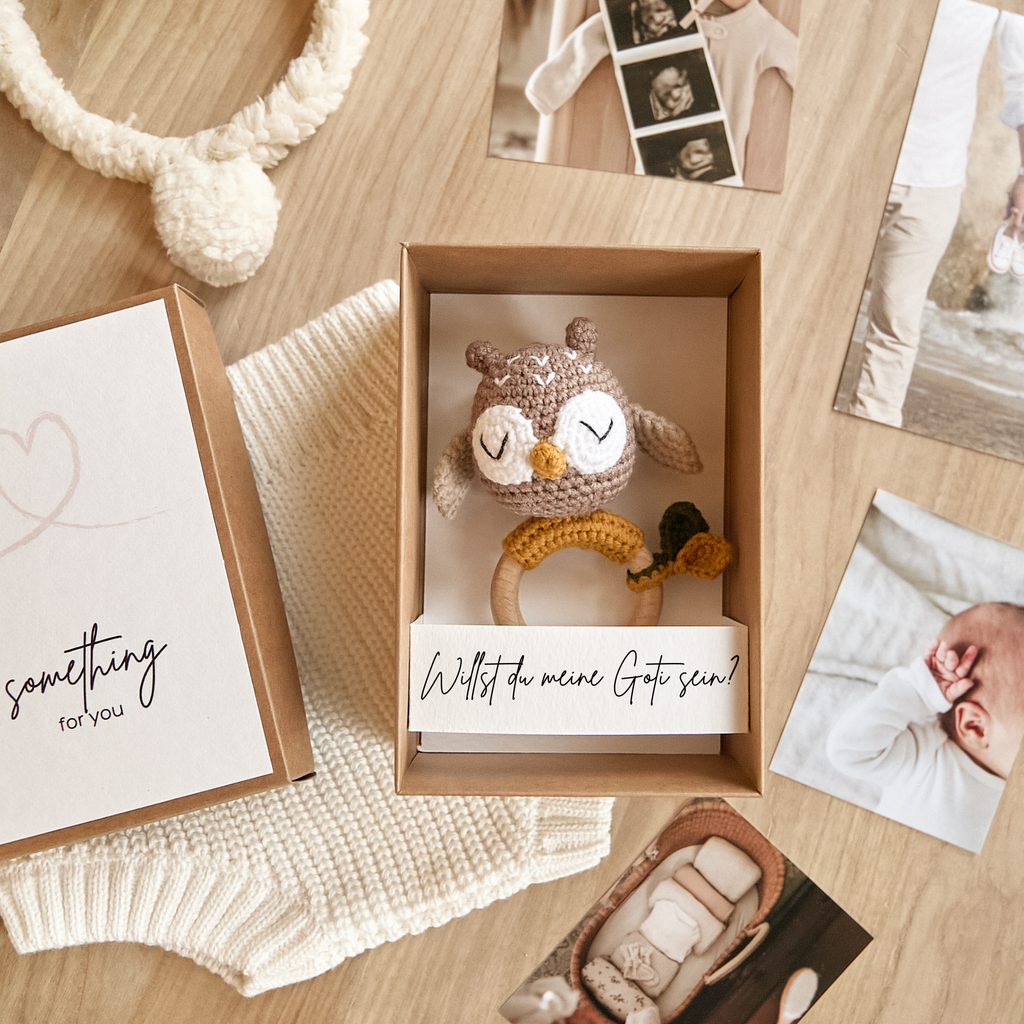 Godmother gift box with crochet owl toy and personalized godparent proposal card