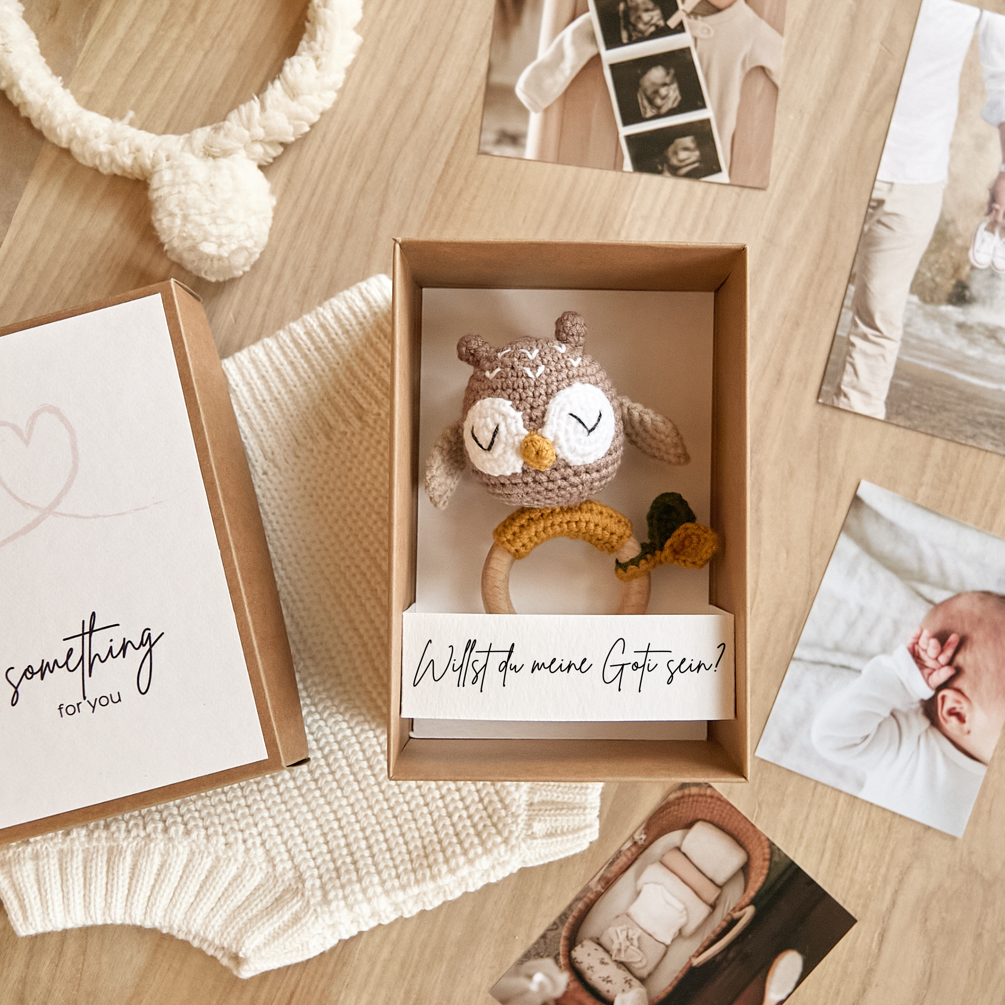 Godmother gift box with crochet owl toy and personalized godparent proposal card