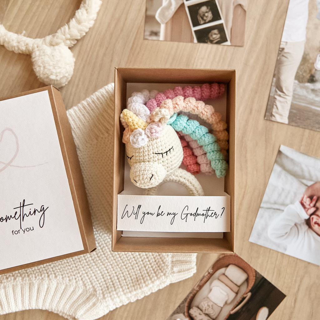 Godmother proposal box featuring handmade crochet unicorn toy — magical gift