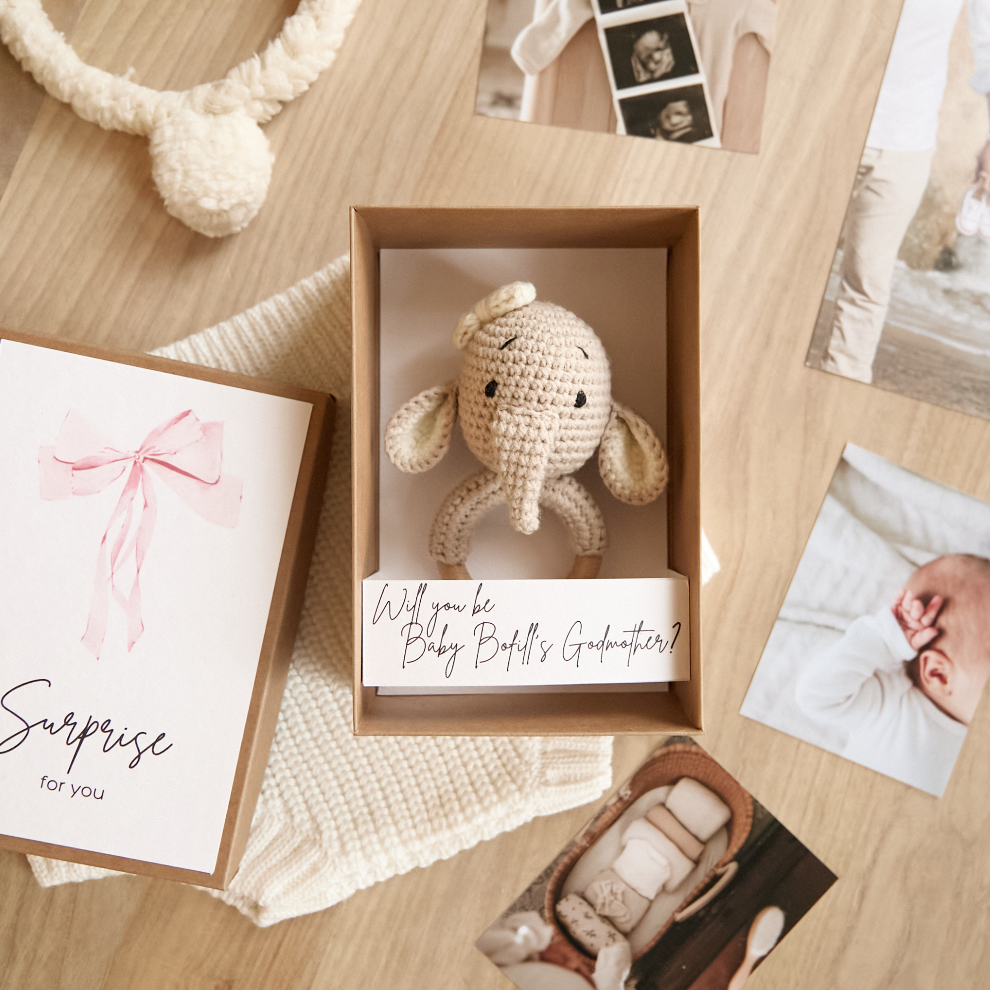 Godmother proposal box with crochet elephant toy — will you be my godparent gift