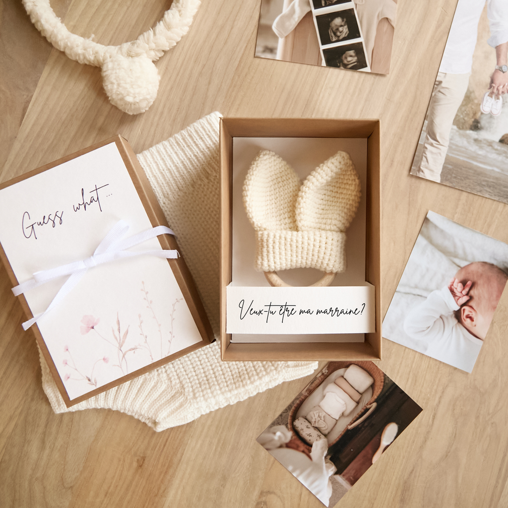 Godmother proposal box with white crochet bunny toy — baptism gift keepsake