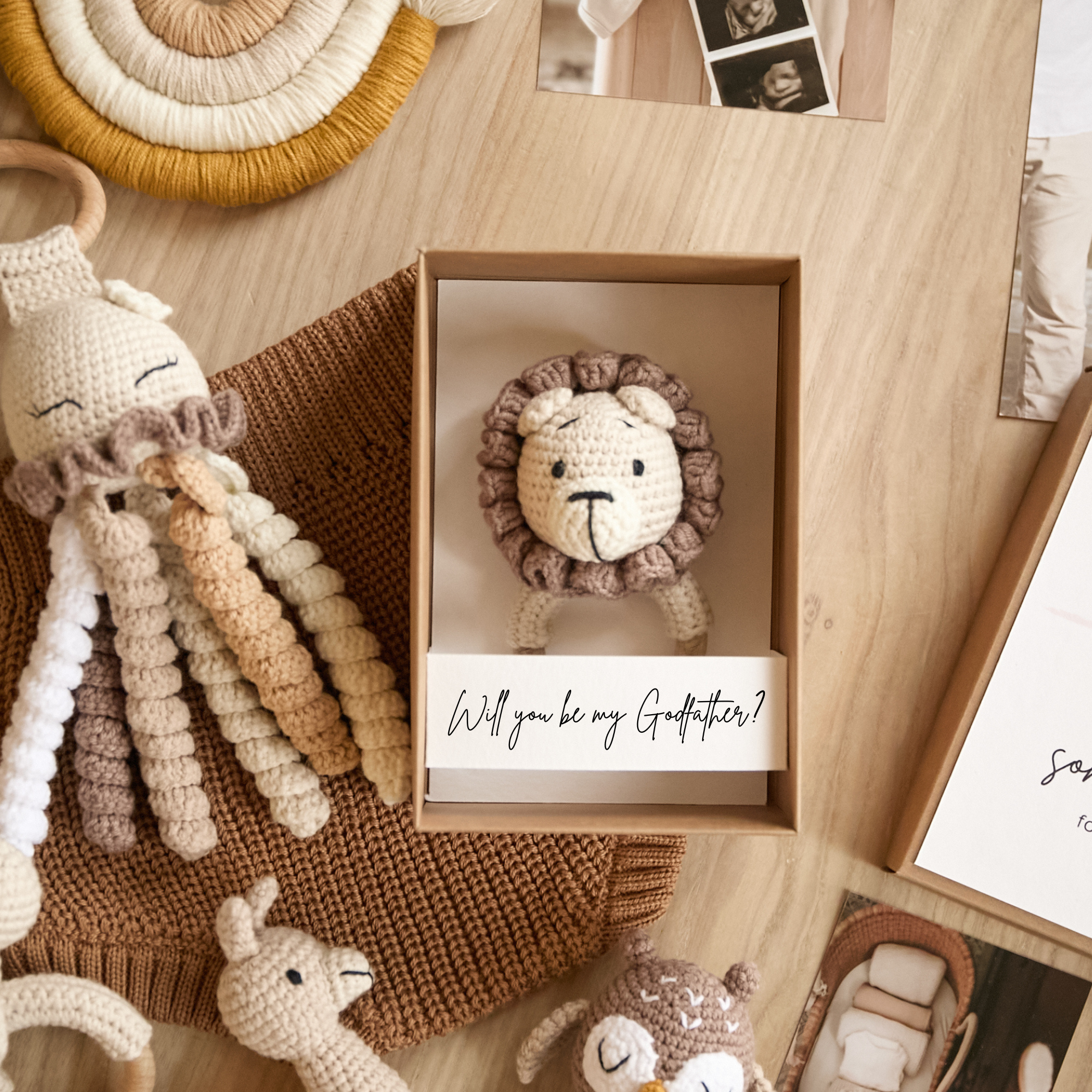 Godparent proposal box featuring crochet teddy bear — baptism announcement gift