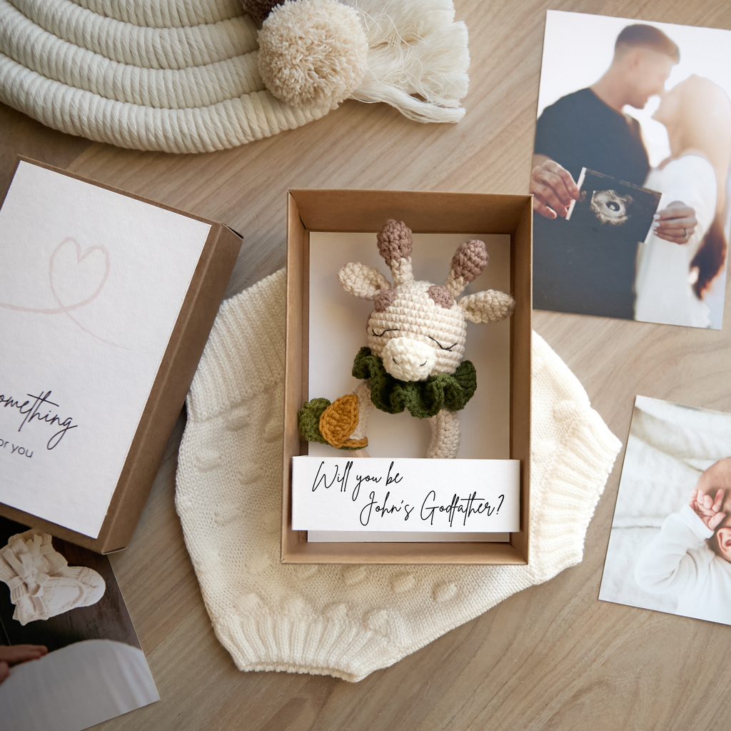 Godparent proposal box with adorable crochet giraffe toy — christening gift