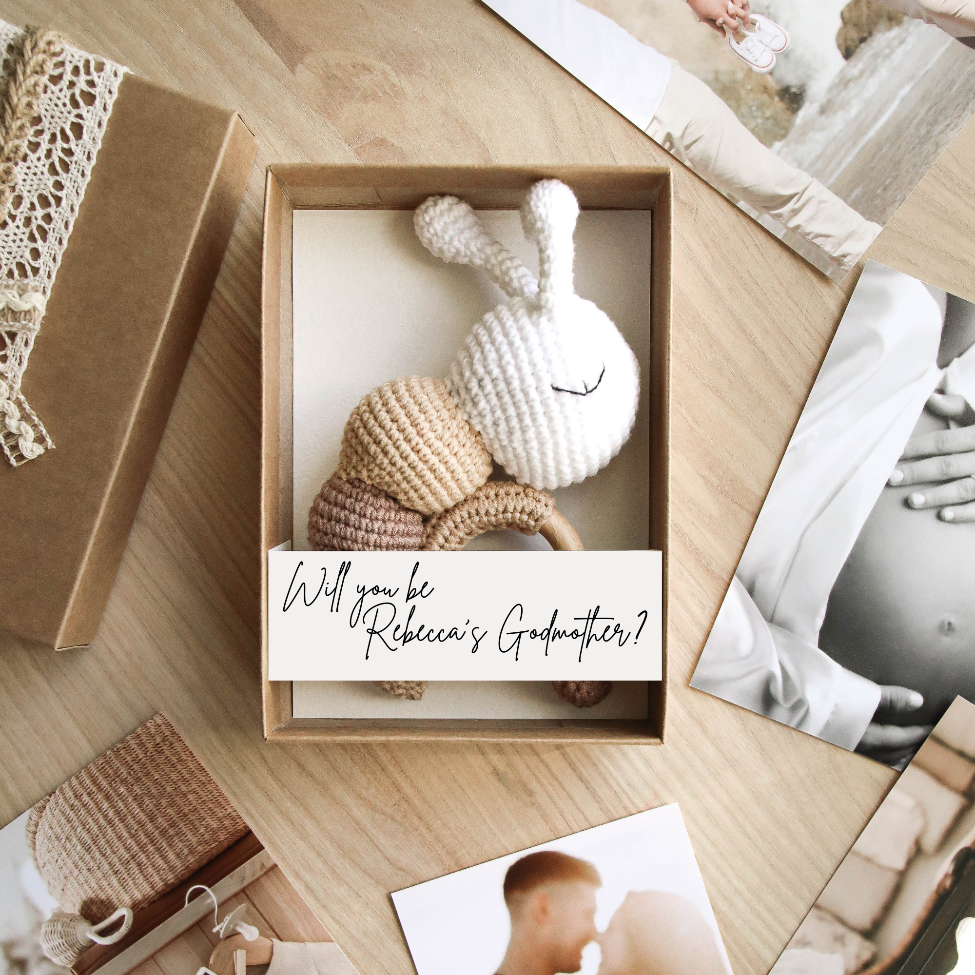 Godparent proposal box with crochet butterfly toy — christening keepsake gift