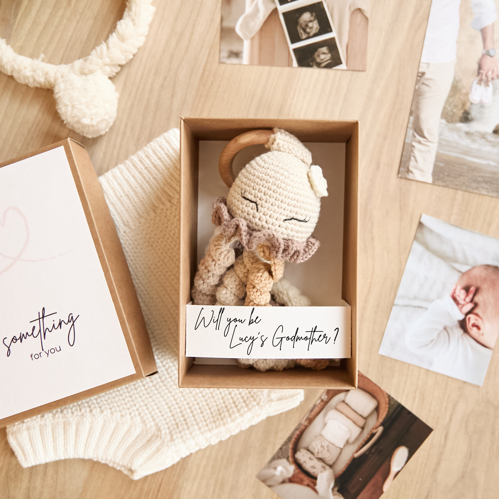 Godparent proposal box with handmade crochet jellyfish toy and keepsake card