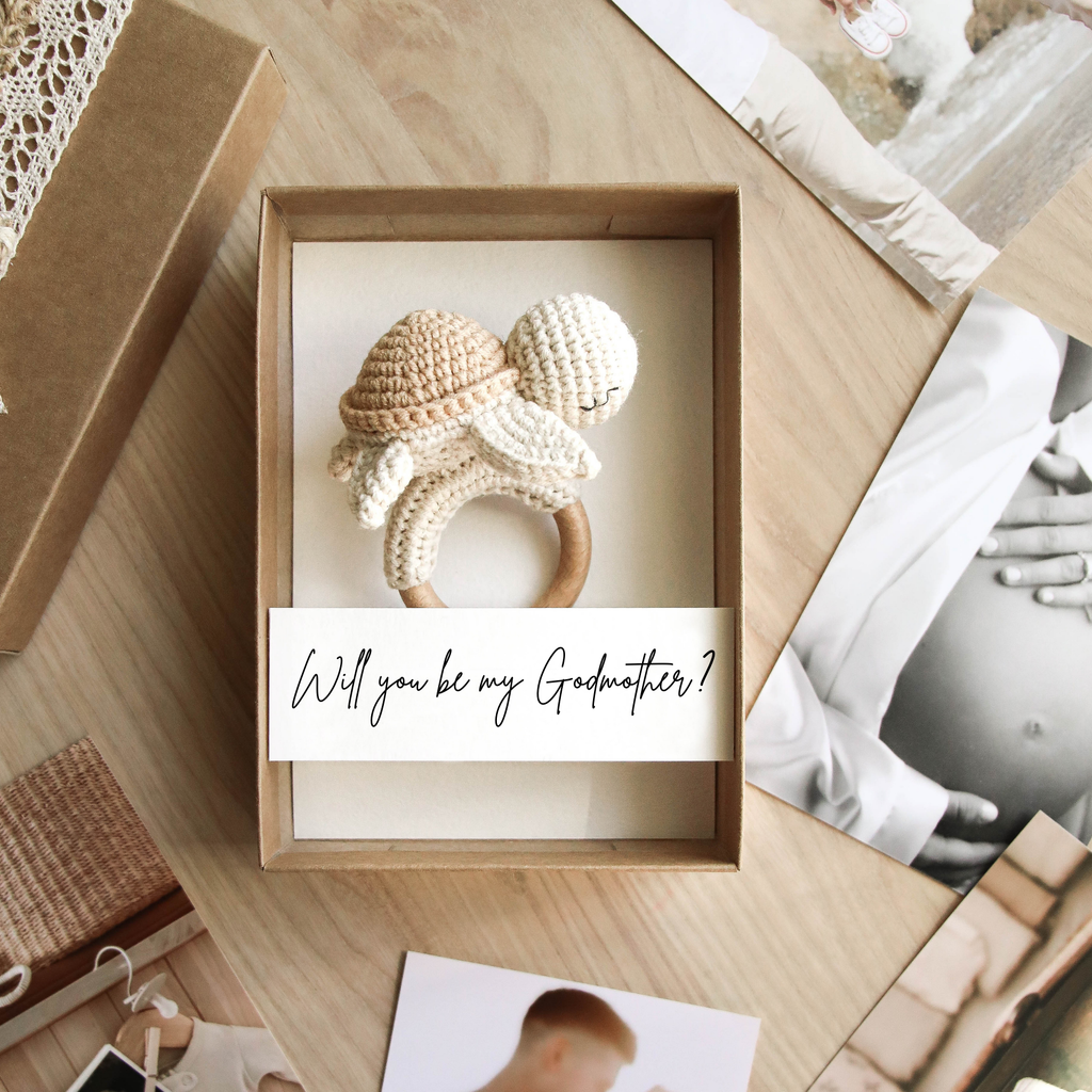 Godparent proposal gift box featuring crochet turtle toy and personalized note