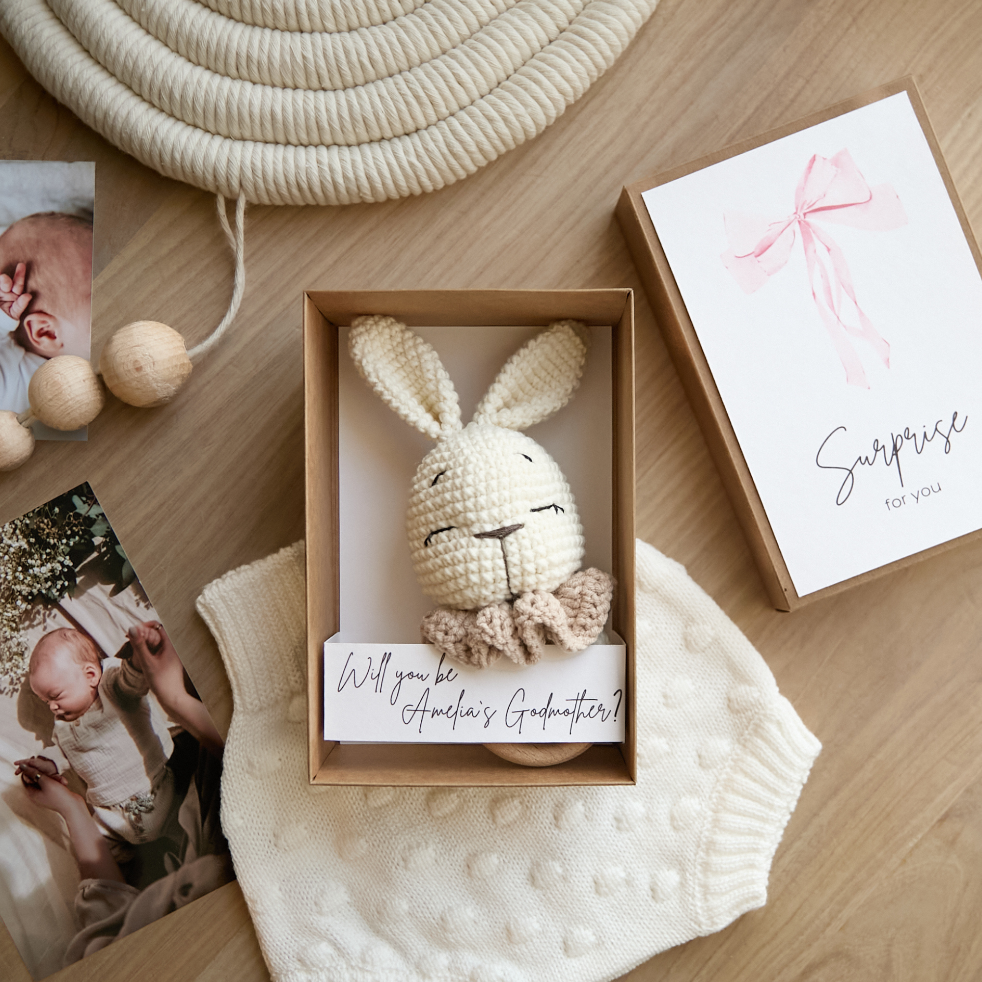 Godparent proposal gift box with classic crochet bunny — will you be my godparent