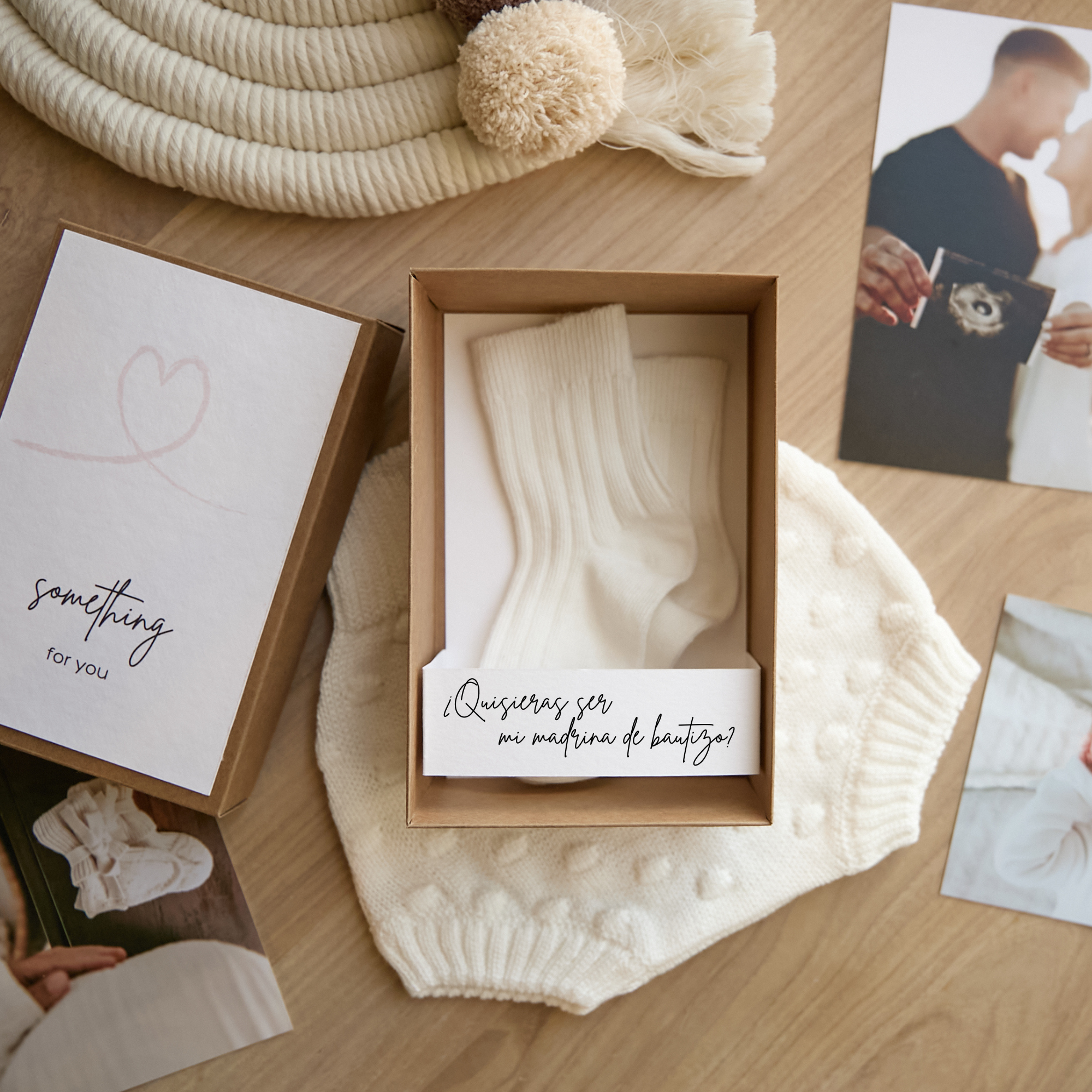 Godparent proposal gift box with personalized card and handmade baby socks