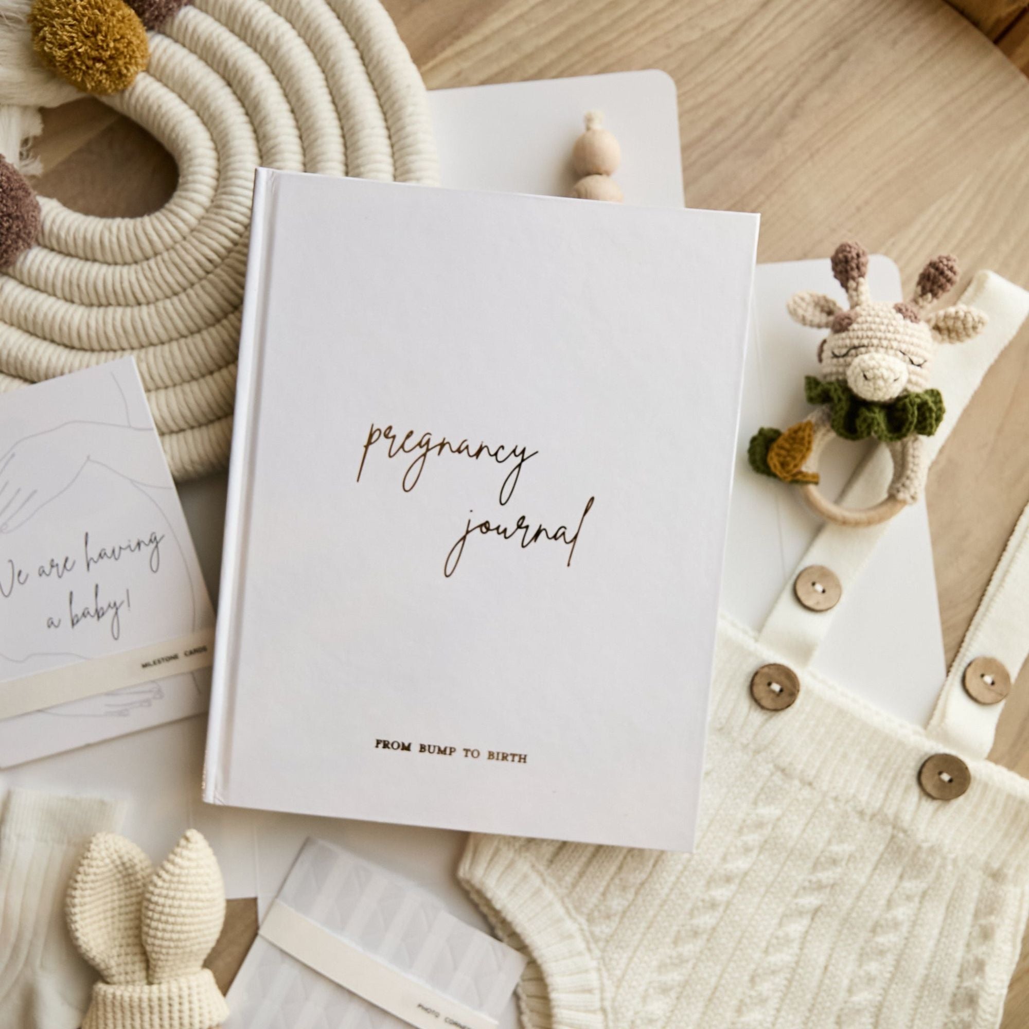 Handmade linen pregnancy journal with gold foil title — expecting mom keepsake