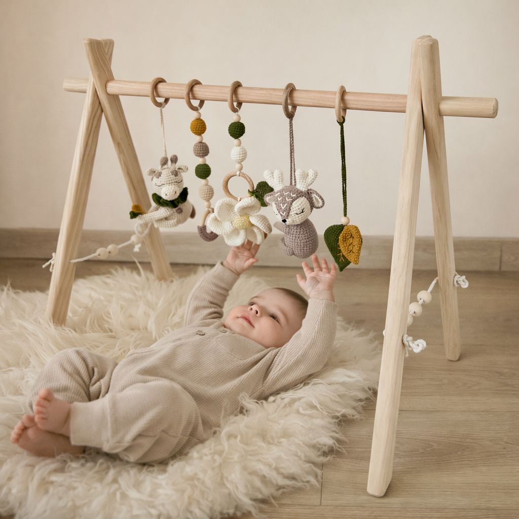 Handmade Montessori wooden baby play gym with natural ash wood frame — nursery lifestyle